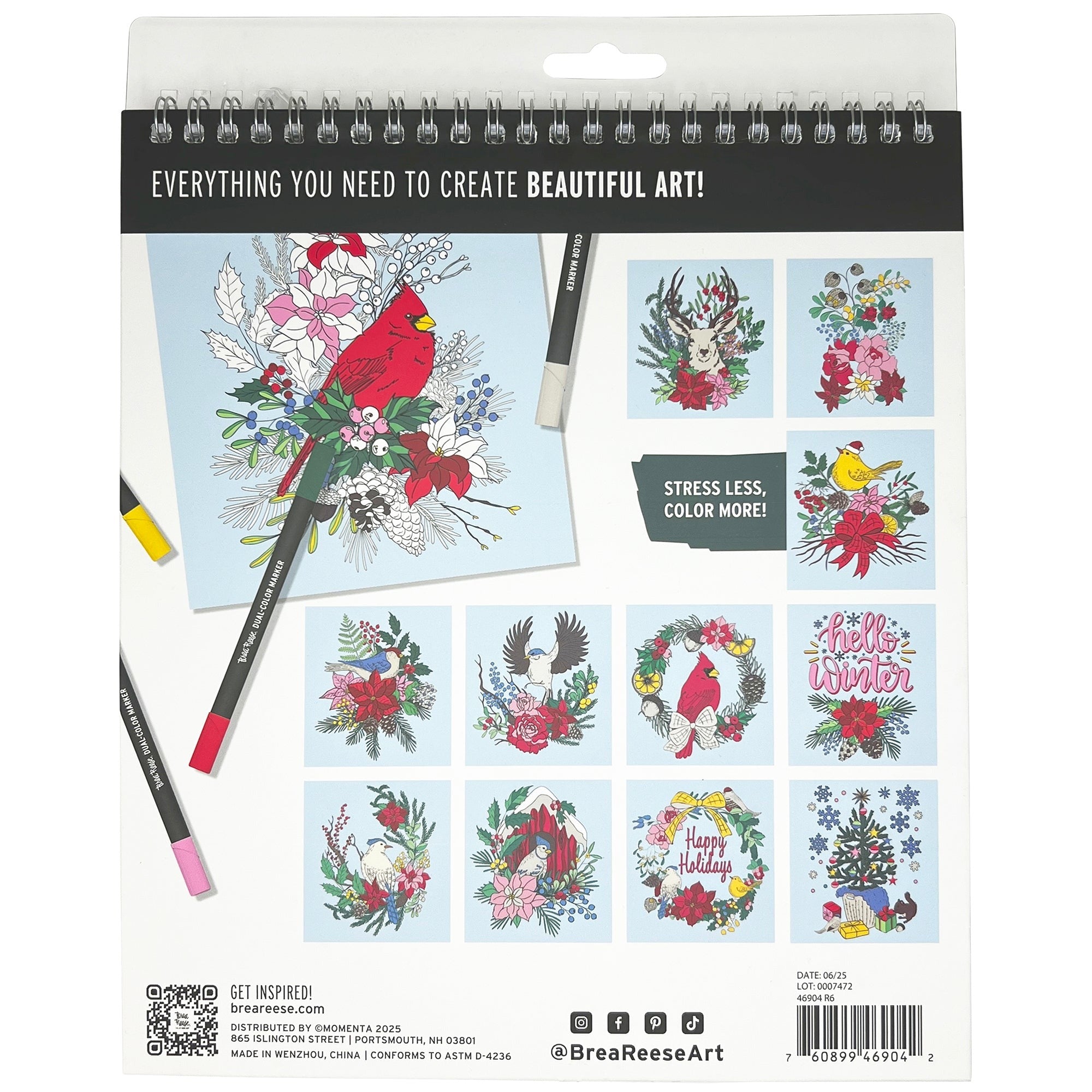 Vivid By Brea Reese Cardinal Holiday Marker Coloring Kit With 12 Pages And 5 Dual-Sided Markers