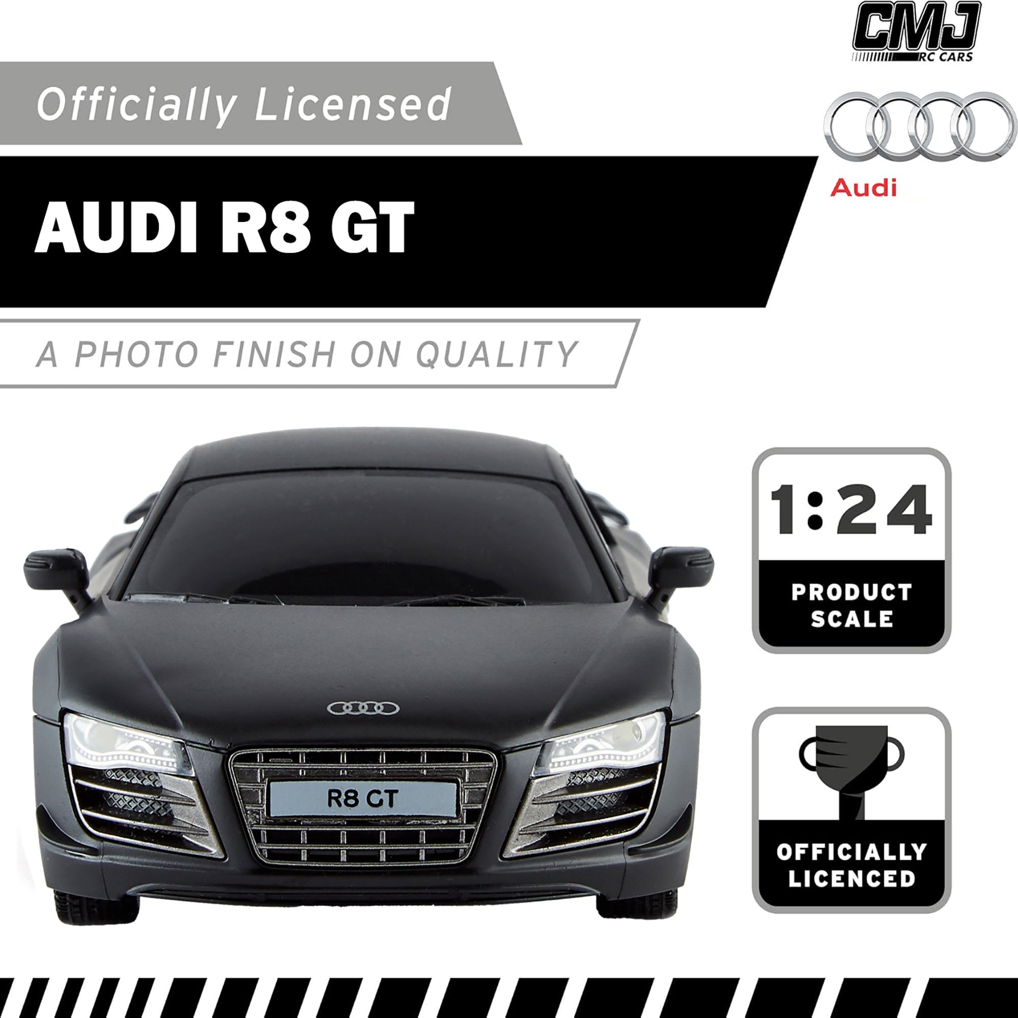 CMJ RC Cars Audi R8 GT - Black - 1:24 Scale Remote Control Car with LED Headlights and 2.4GHz Racing Frequency