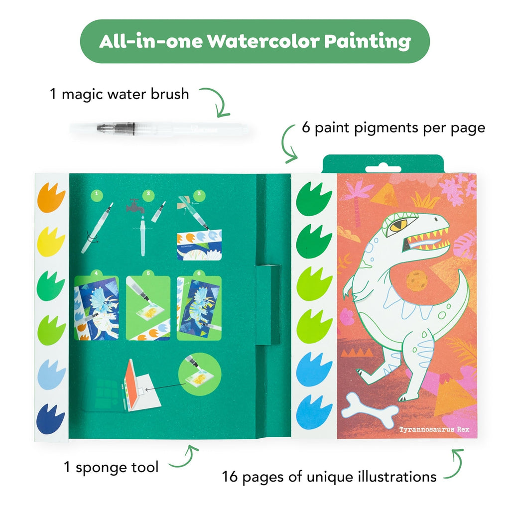 Tiger Tribe Dinosaur Watercolor Art Set - 16 Pages, Mess-Free Paint Brush