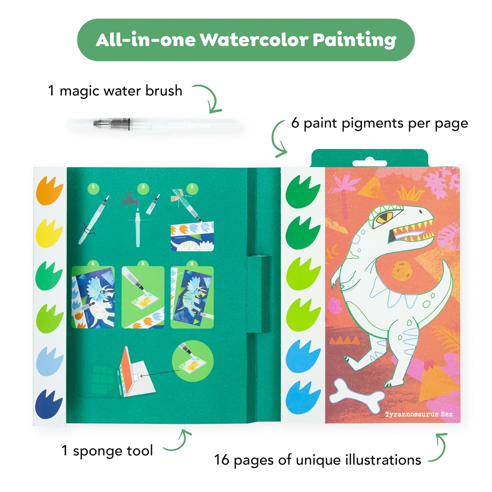 Tiger Tribe Dinosaur Watercolor Art Set - 16 Pages, Mess-Free Paint Brush