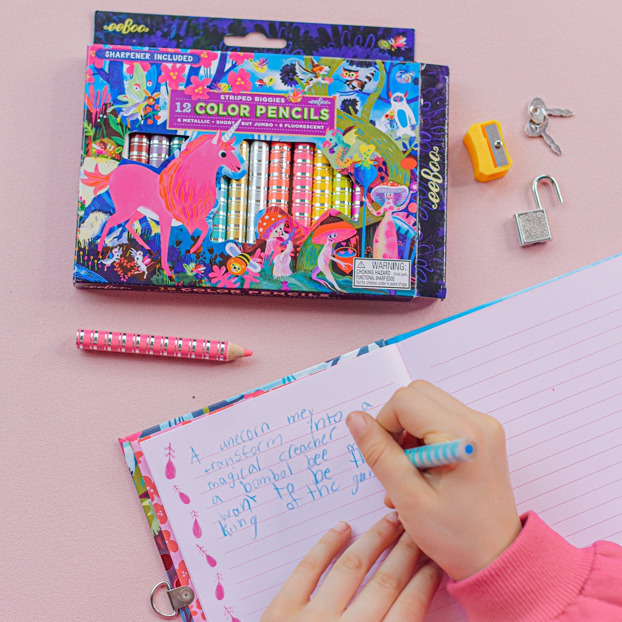 eeBoo Magical Creatures Biggies Color Pencils 12-Piece Set With Fluorescent And Metallic Colors