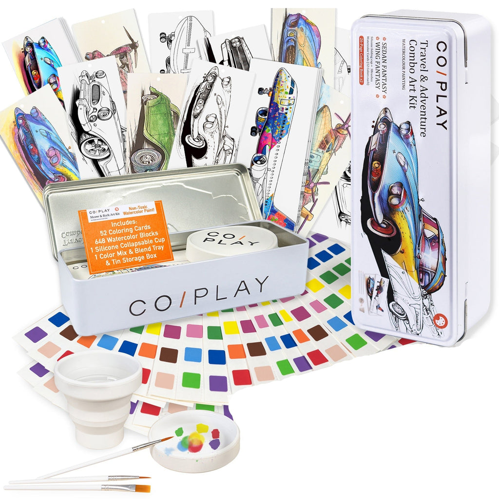 COIPLAY Watercolor Art Kit - Travel & Adventure - 648 Colors, 52 Bookmarks, Brushes & Tin Case