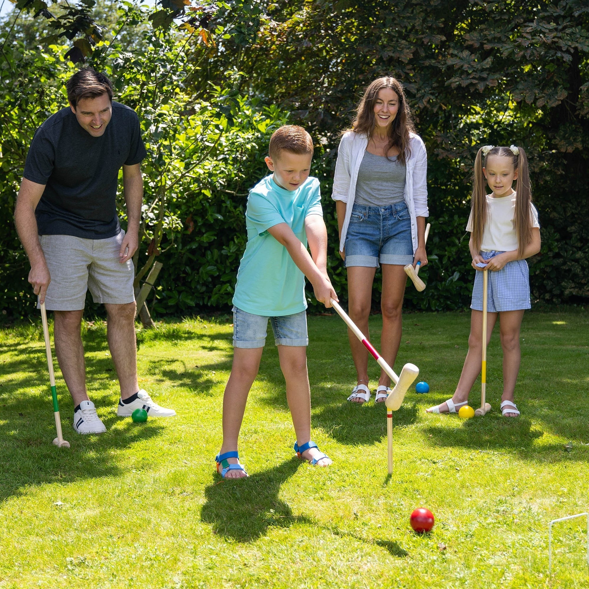 Grasshopper Games Family Croquet Set with Wooden Mallets, Balls, and Travel Bag