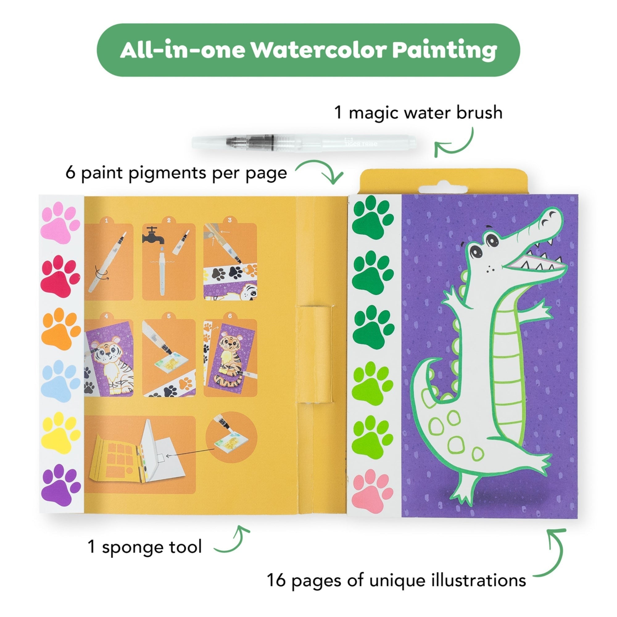 Tiger Tribe Wild Animals All-in-1 Watercolor Art Set with Mess-Free Brush