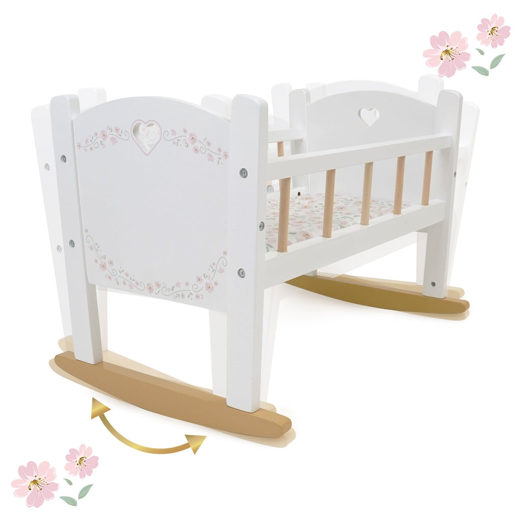 Little Flora Wooden Doll Cradle With Mattress And Pillow - Floral Nursery Roleplay Set