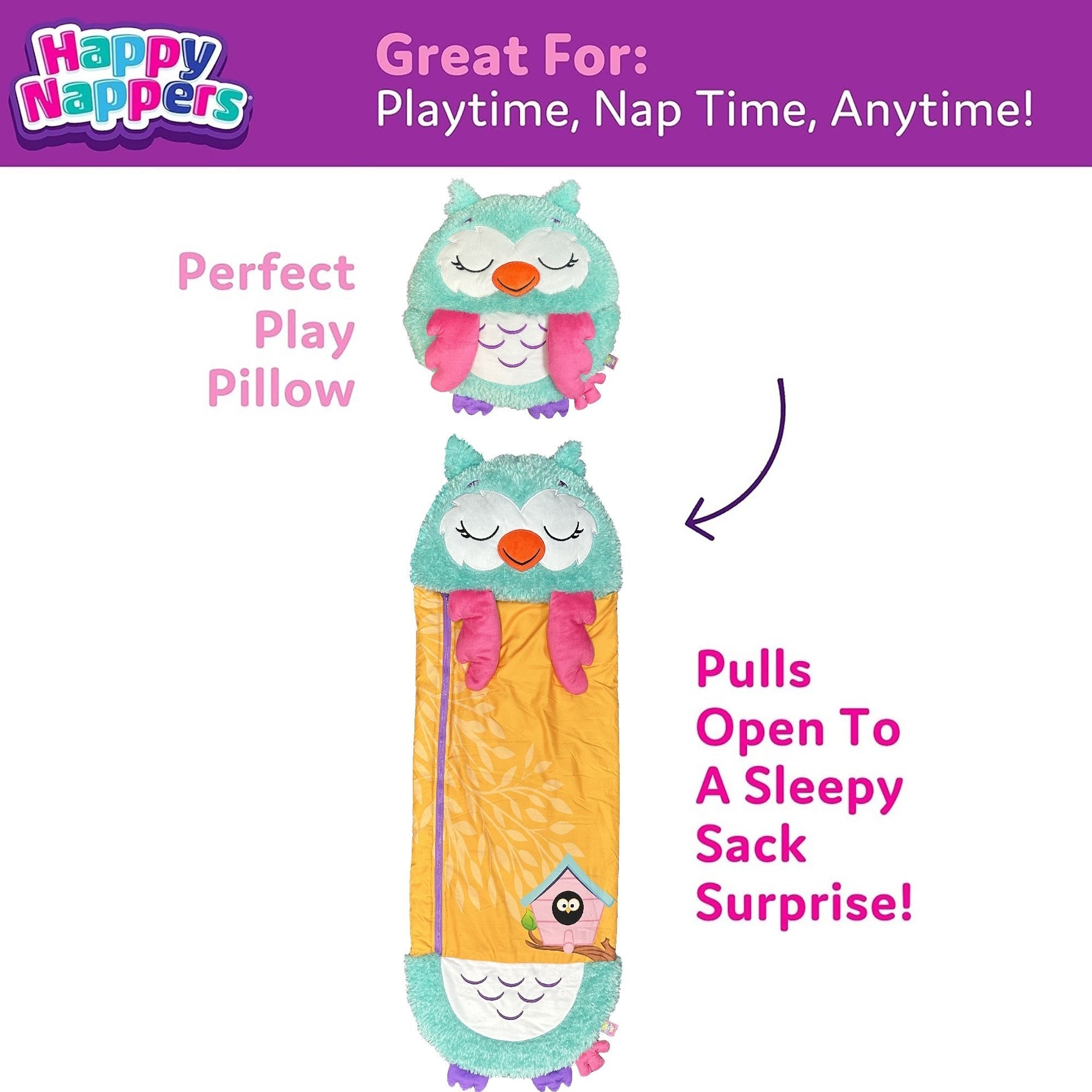 Happy Nappers Snoo the Owl 2-in-1 Pillow & Sleepy Sack Plush 54x20 Inch