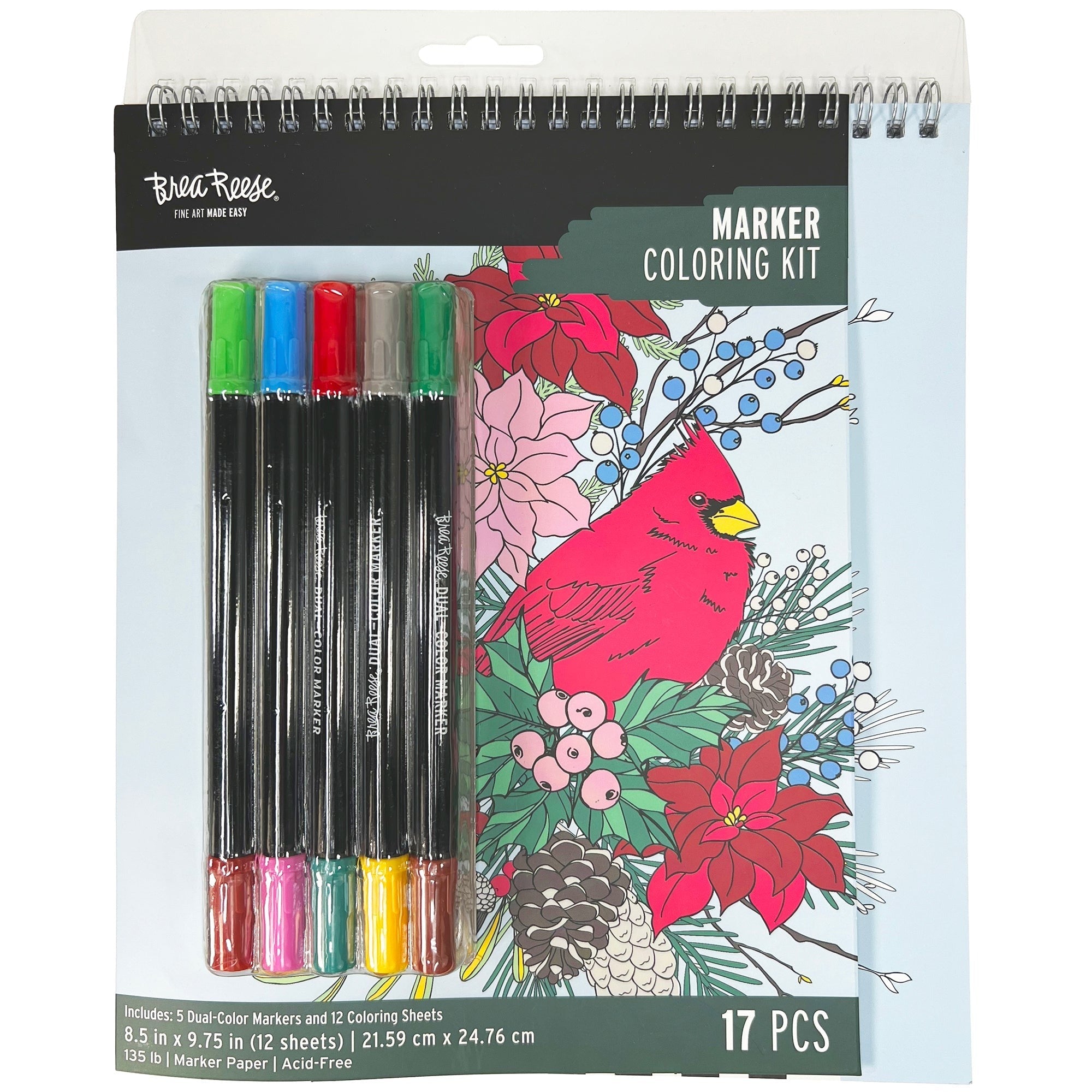 Vivid By Brea Reese Cardinal Holiday Marker Coloring Kit With 12 Pages And 5 Dual-Sided Markers