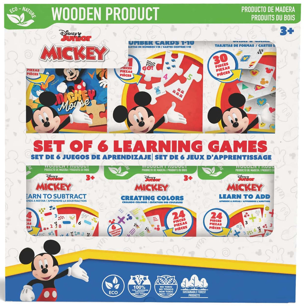 Disney Mickey Mouse 6-In-1 Wooden Learning Games Set With Bilingual Flashcards