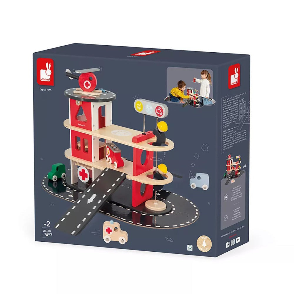 Janod Fire Station Toy Set - Multilevel Playset