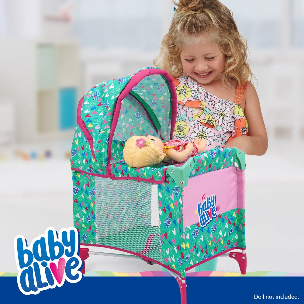 Baby Alive Deluxe Doll Play Yard with Canopy, Green & Pink Hearts