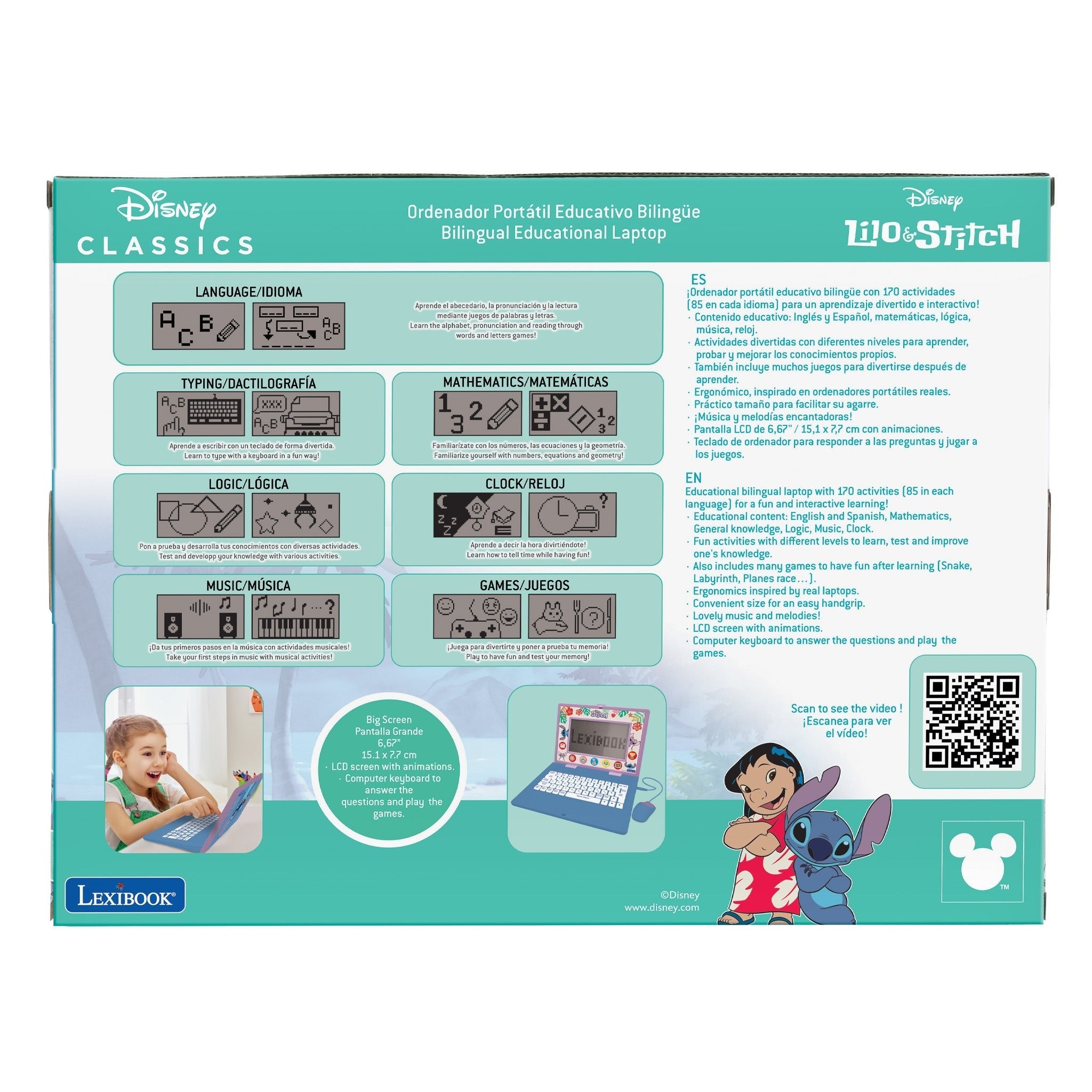 Lexibook Disney Stitch Bilingual Educational Laptop, 170 Activities, Blue