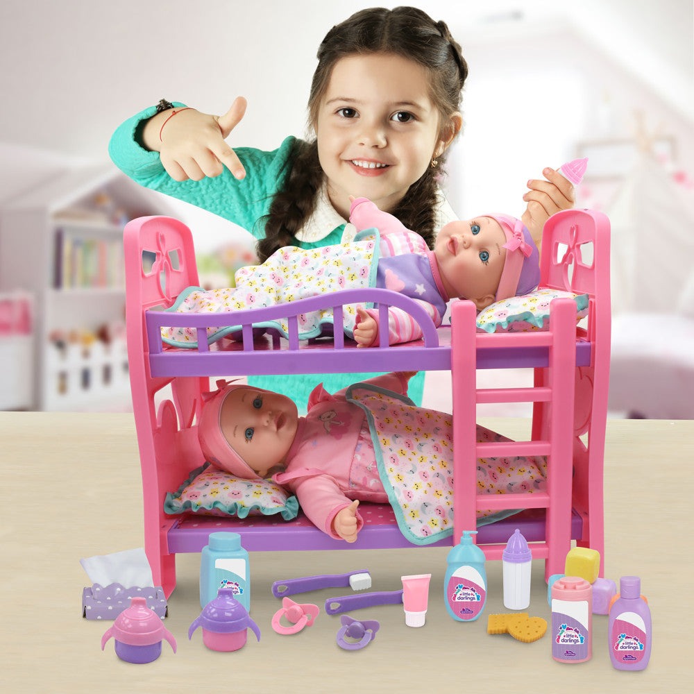 Little Darlings 12" - Twin Dolls Bedtime Fun Set 29pc - Pink, Purple, Green - Playset for Kids Ages 2+