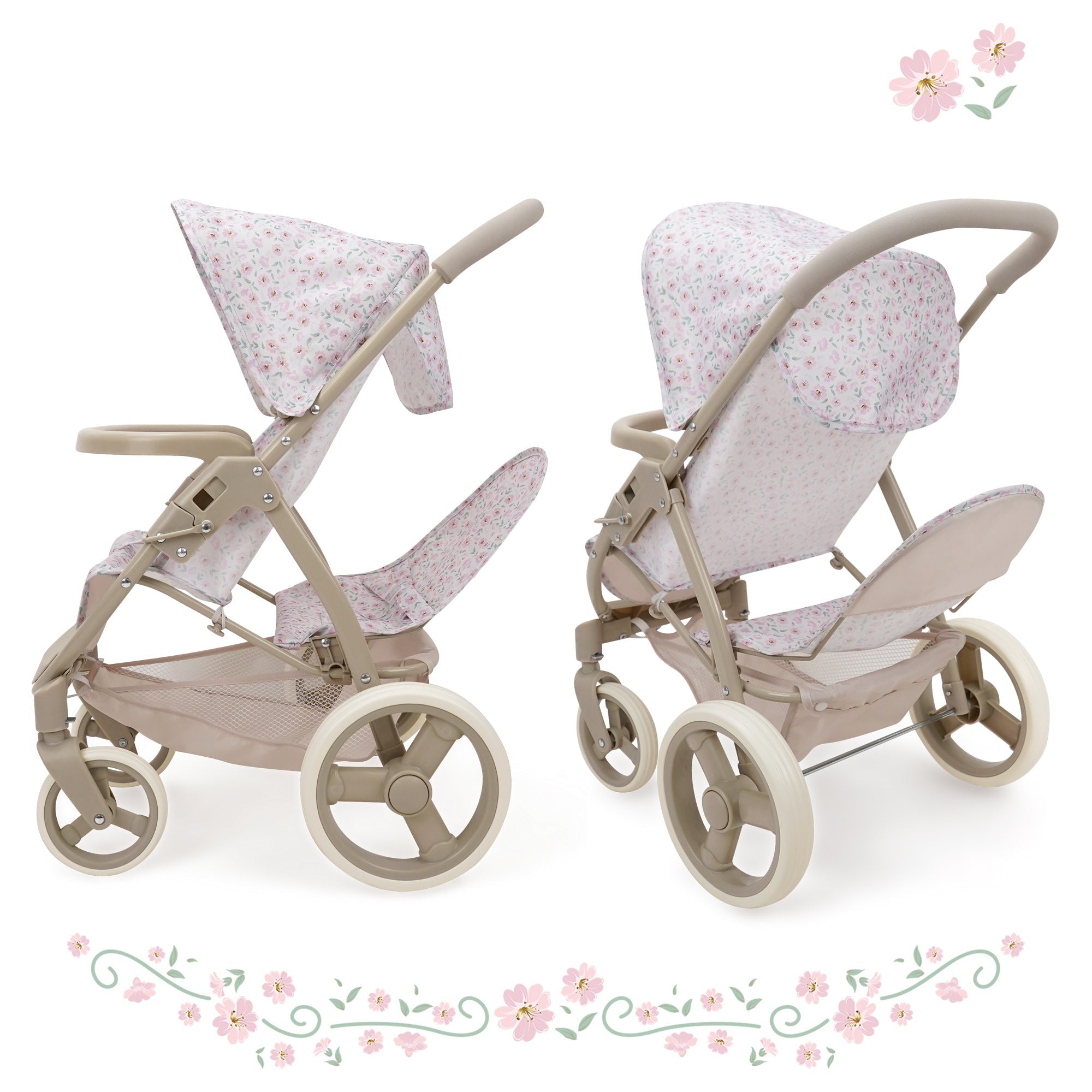 Little Flora Mabelle Duo Twin Doll Stroller with Canopy, Pretend Play Set