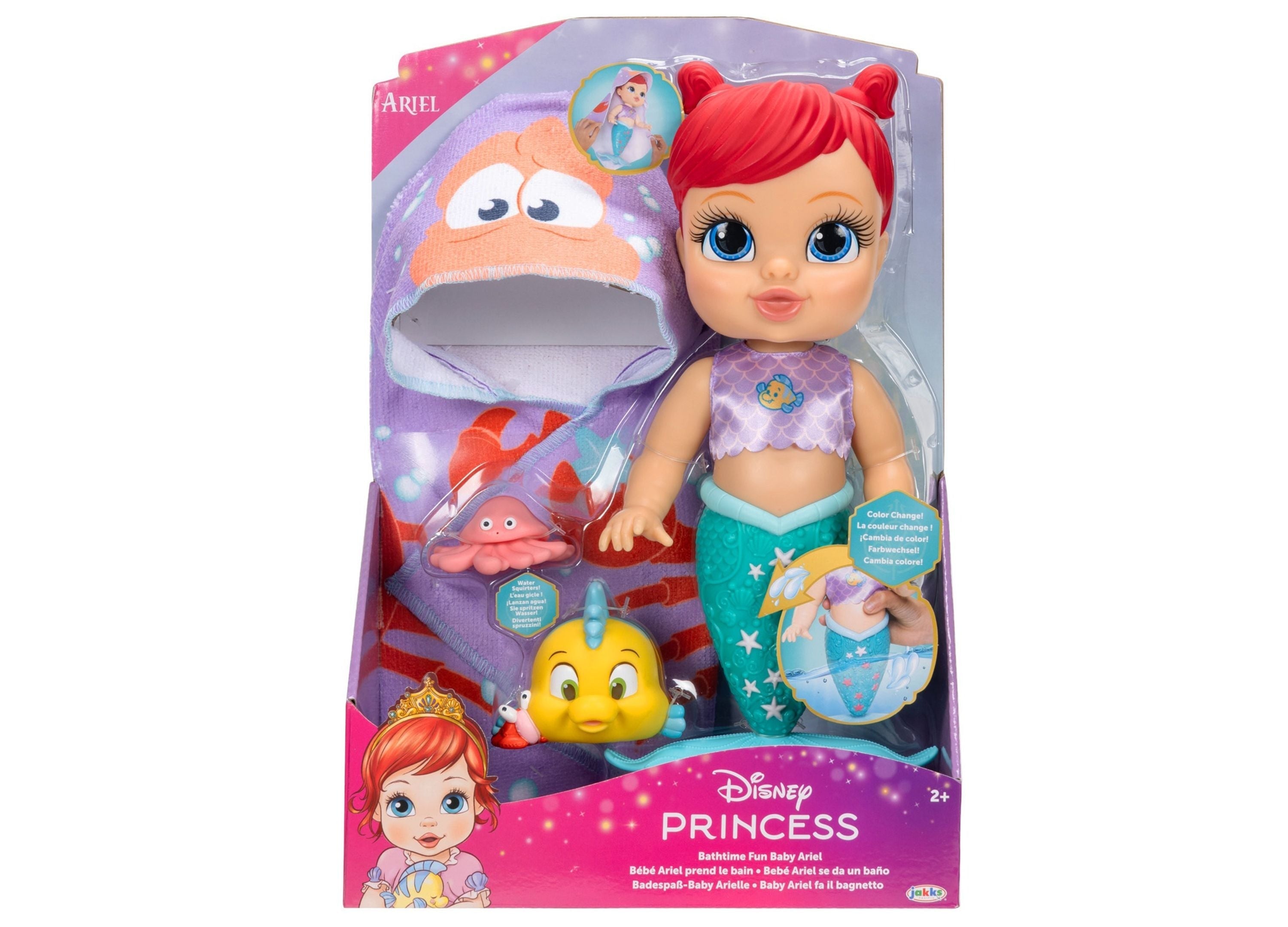 Disney Princess Bathtime Baby Ariel 12-Inch Color-Changing Doll with Flounder & Jellyfish Squirters