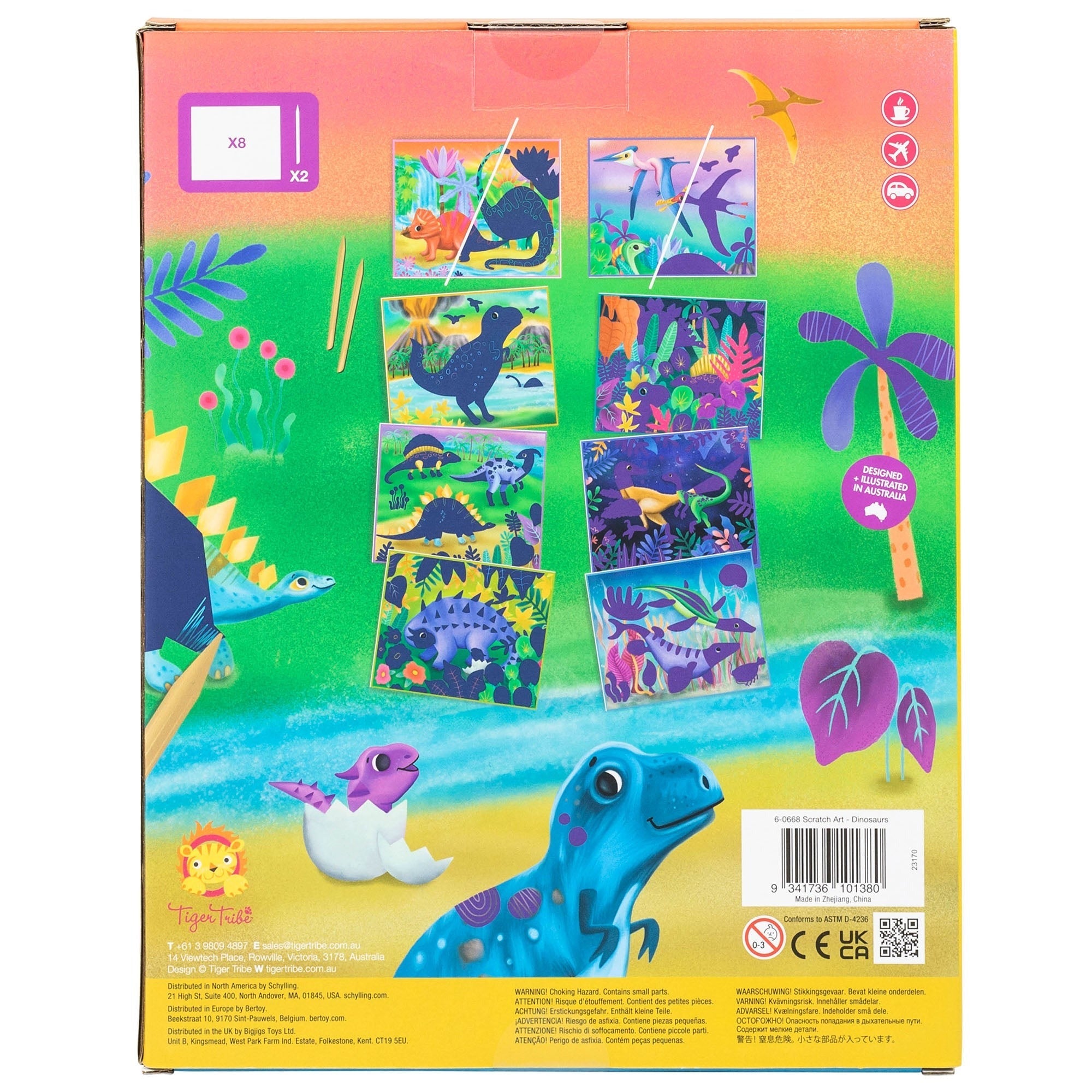 Tiger Tribe Dinosaur Scratch Art Kit - 8 Colorful Illustrations, Wooden Tools, Ages 5+
