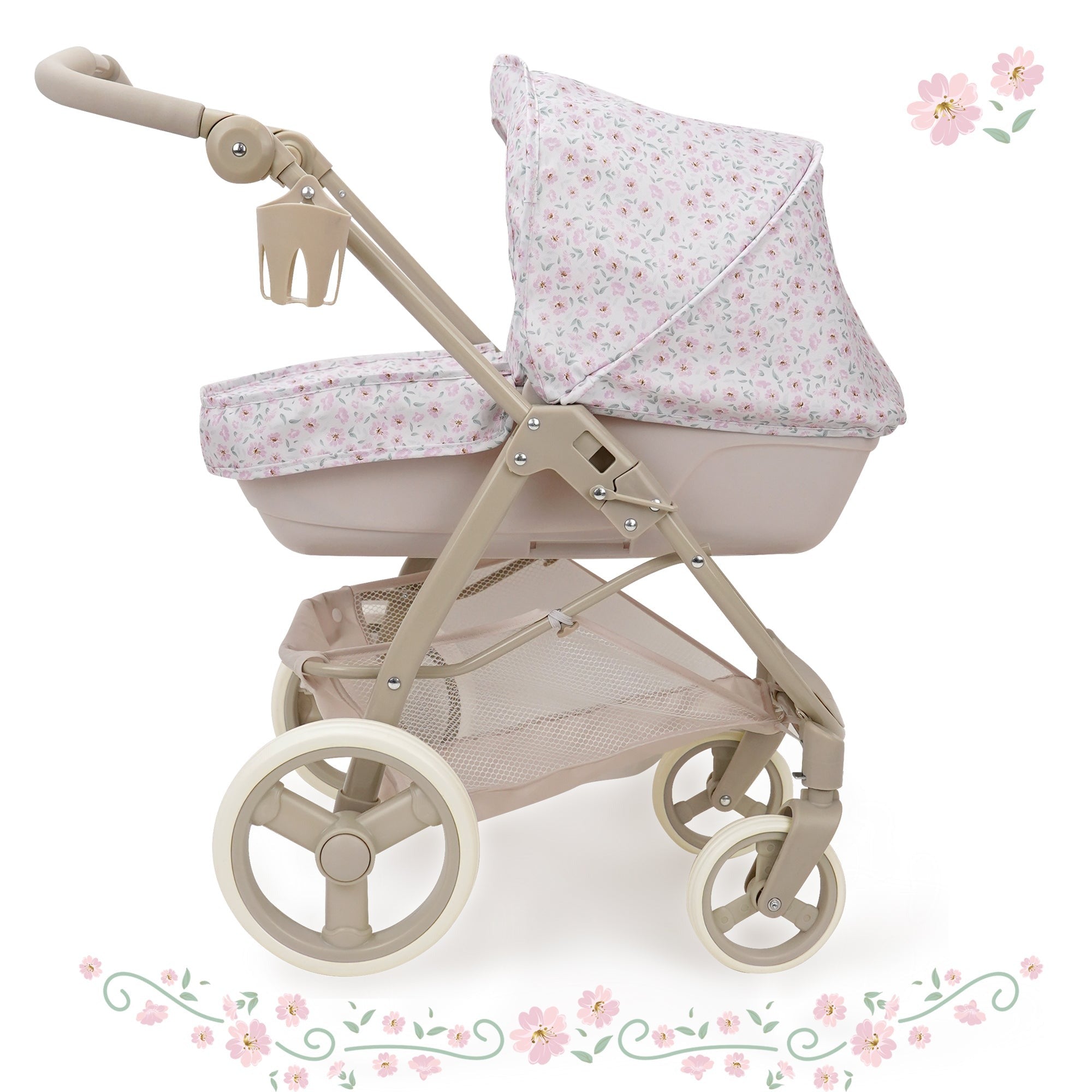 509 Crew Little Flora Bella 2-in-1 Doll Pram, Convertible Toy Stroller, 27.6-Inch
