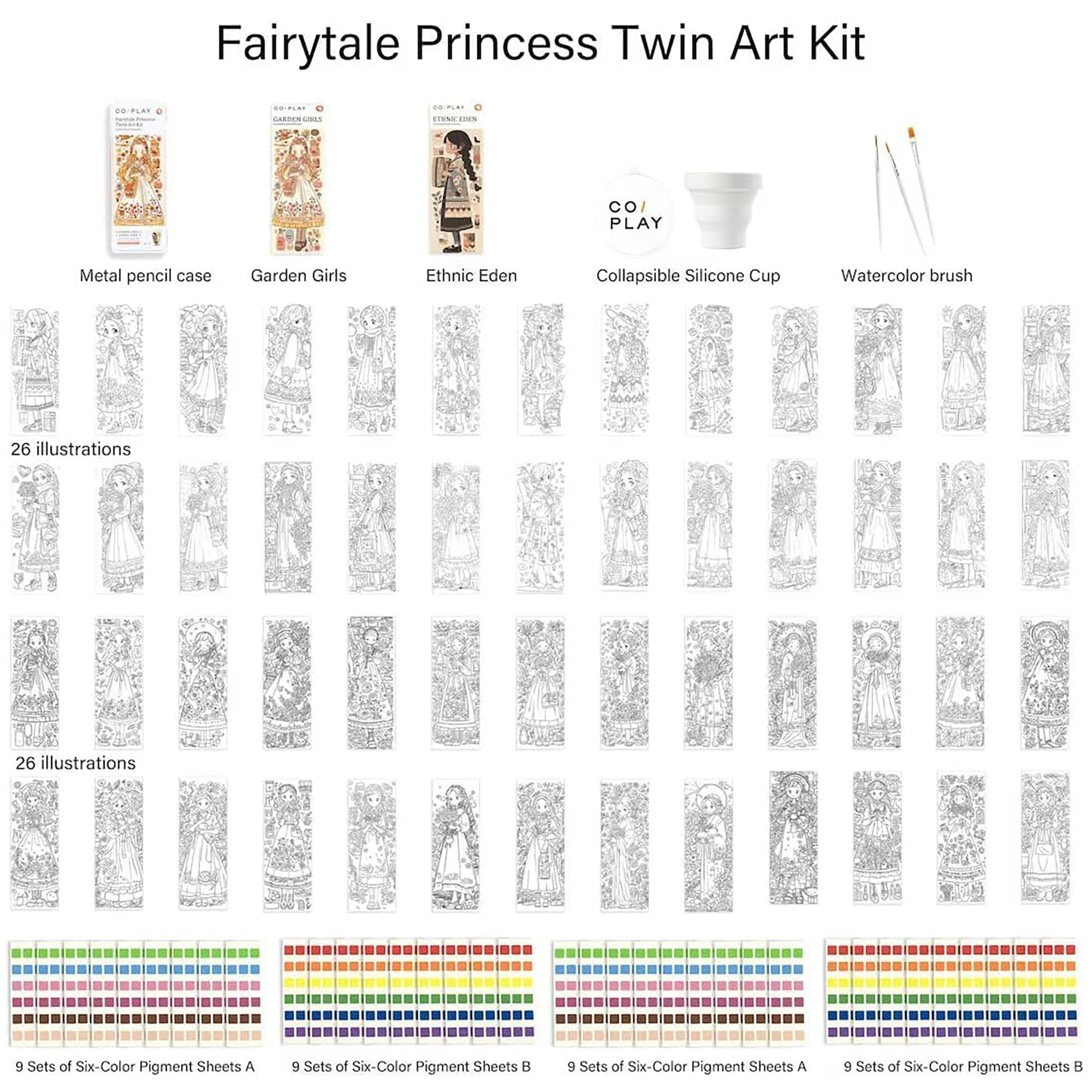 COIPlay Fairytale Princess Watercolor Art Kit With 648 Paint Blocks And 52 Coloring Cards