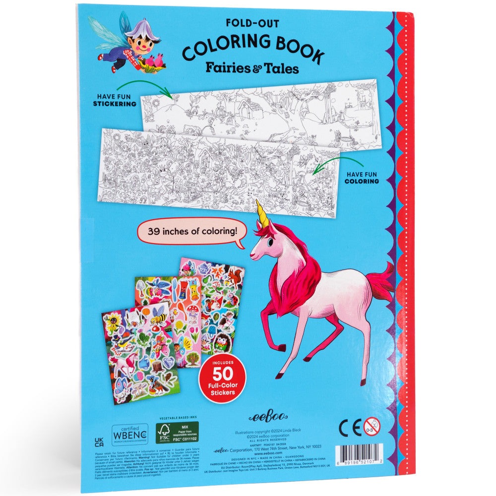 eeBoo Fairies & Tales Fold-Out Coloring Book with Stickers - Ages 3+
