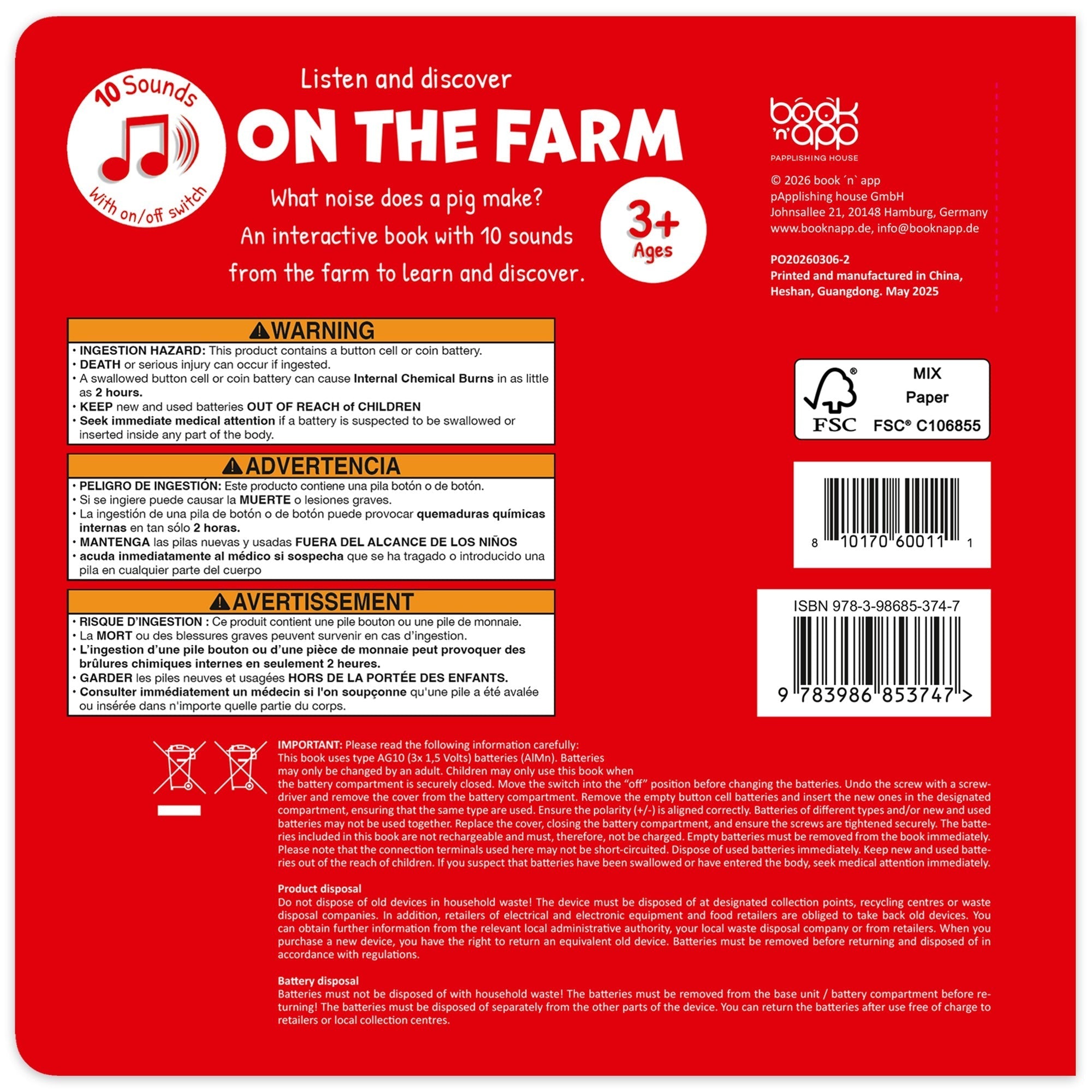 Book 'N' App Listen & Discover Sound Book - On The Farm, Interactive Farm Animal Sounds