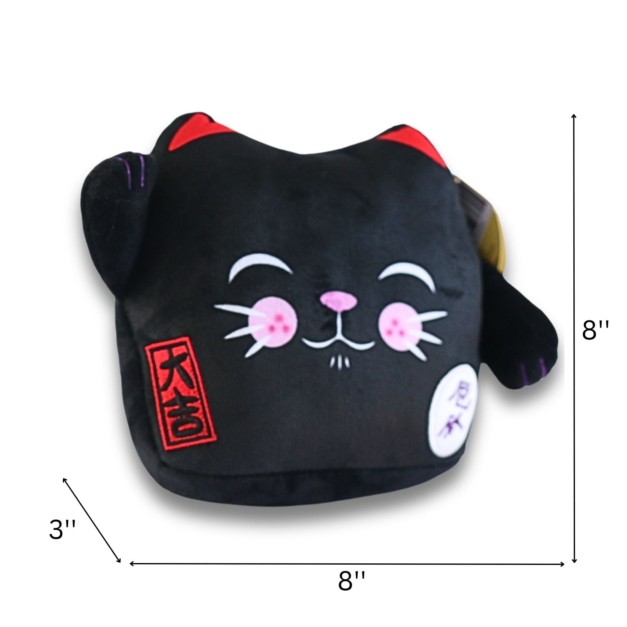 Maneki Neko Lucky Cat Velboa Cushion - 8" Black Closed Eye