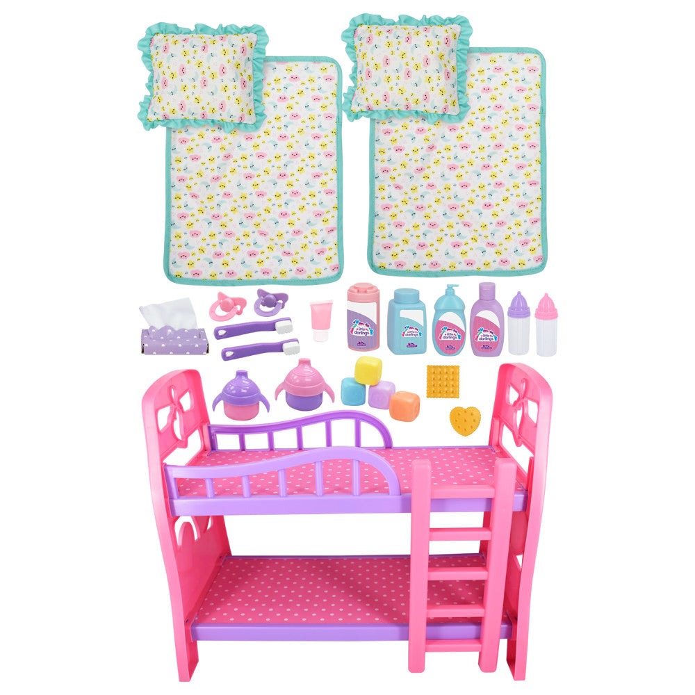 Little Darlings 12" - Twin Dolls Bedtime Fun Set 29pc - Pink, Purple, Green - Playset for Kids Ages 2+