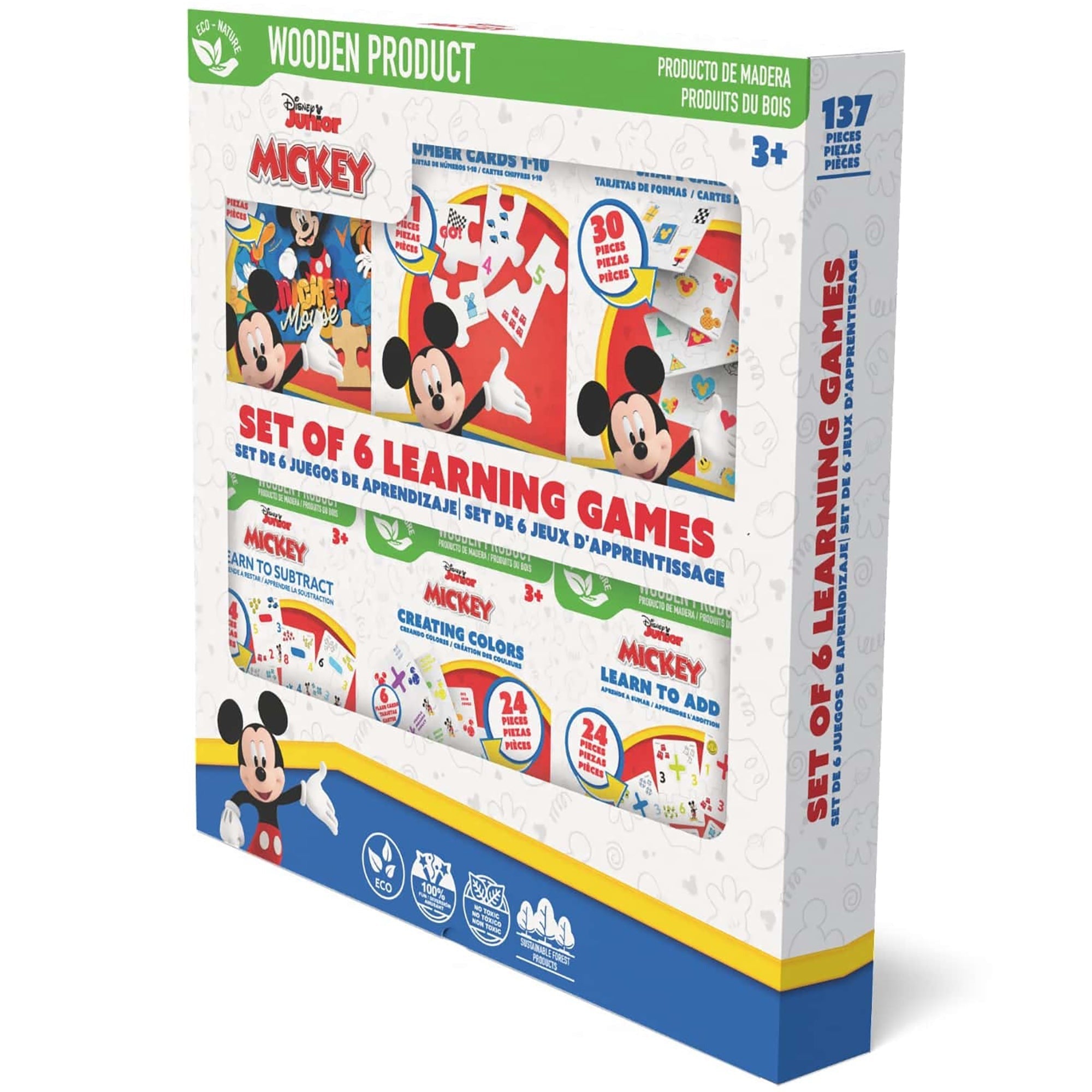 Disney Mickey Mouse 6-In-1 Wooden Learning Games Set With Bilingual Flashcards