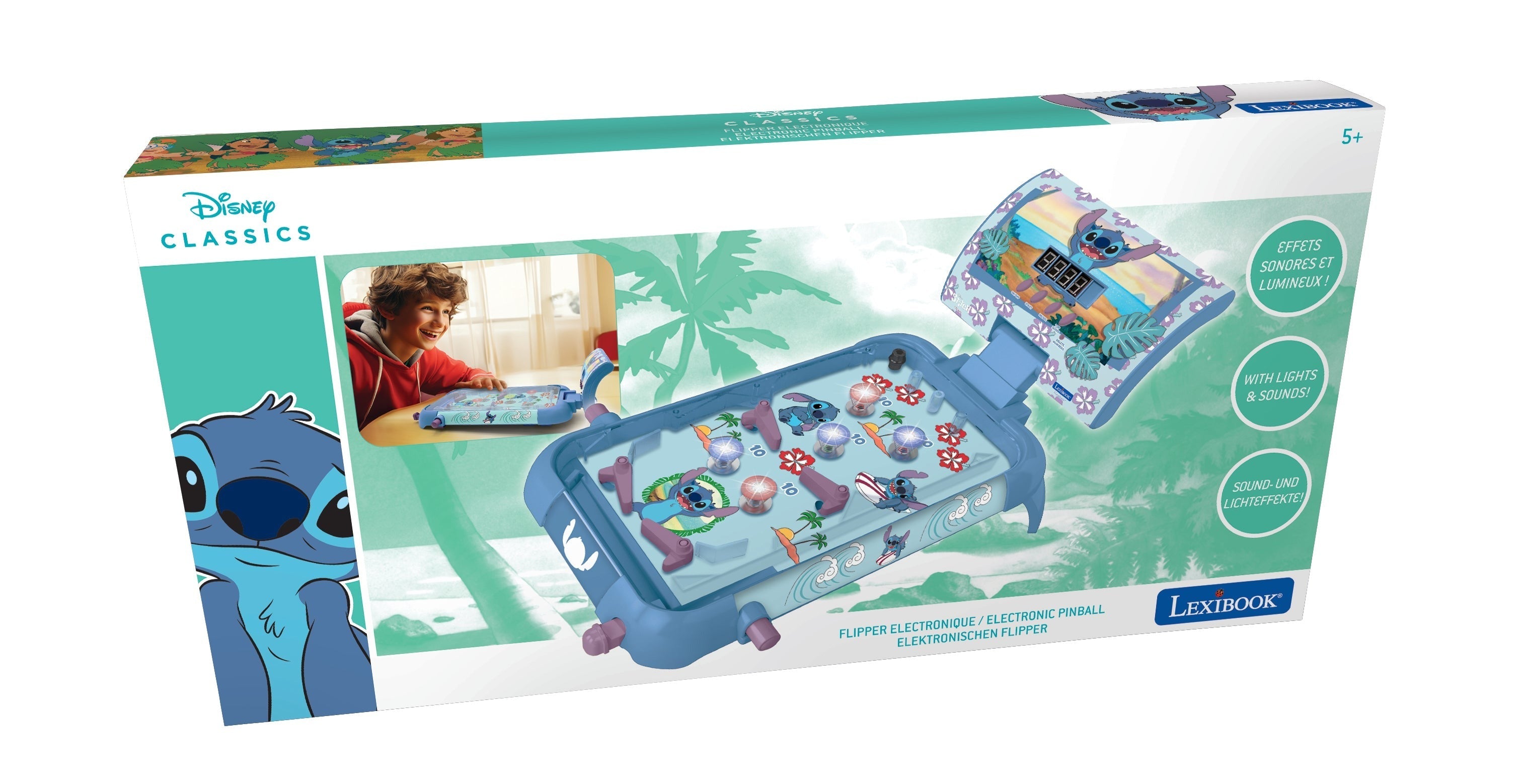 Stitch electronic table pinball with a great design, sounds, lights and digital scoring to play alone or challenge your friends.