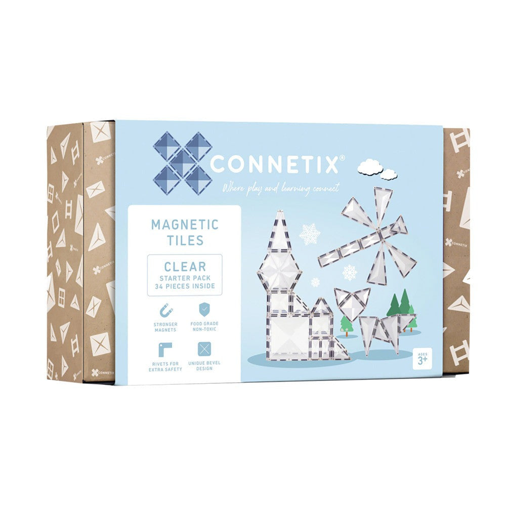 Connetix Magnetic Tiles Clear Starter Pack - 34 Piece Translucent Shapes