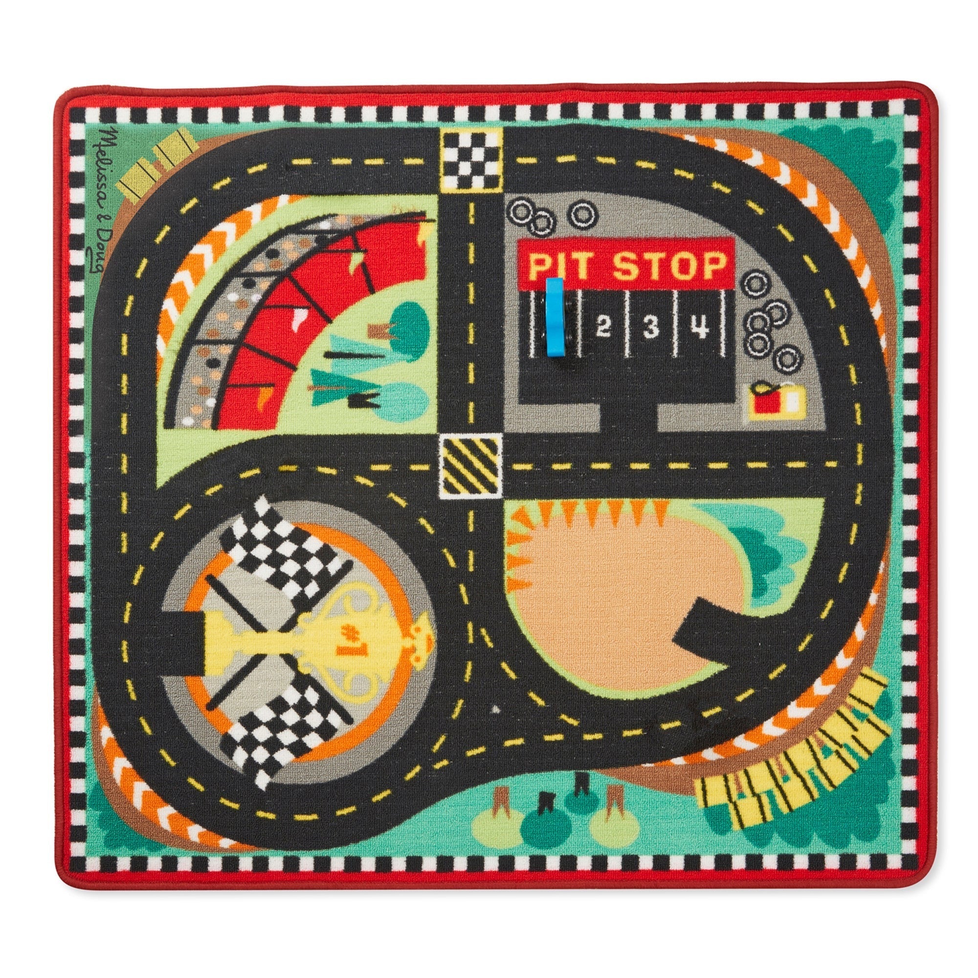 Melissa & Doug Round The Speedway Race Track Rug With 4 Wooden Cars Set