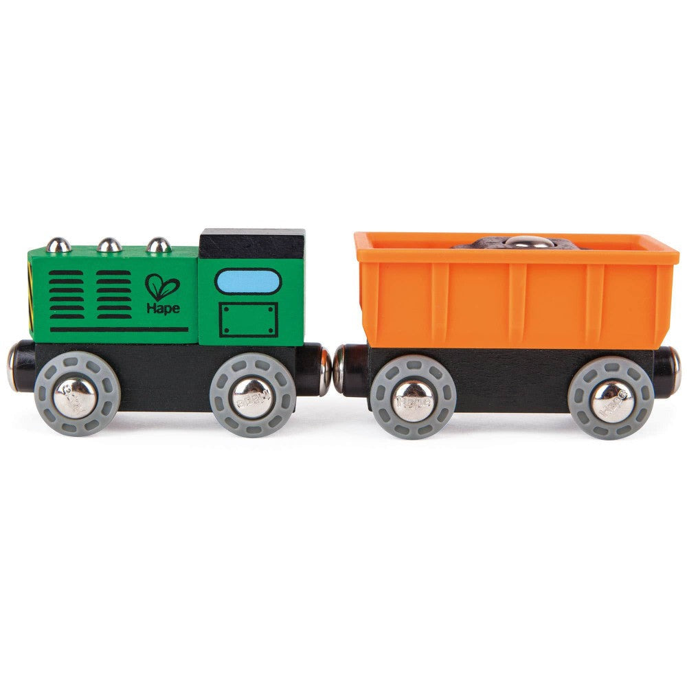 Hape Diesel Freight Train Set - Green & Orange 3pc Wooden Locomotive