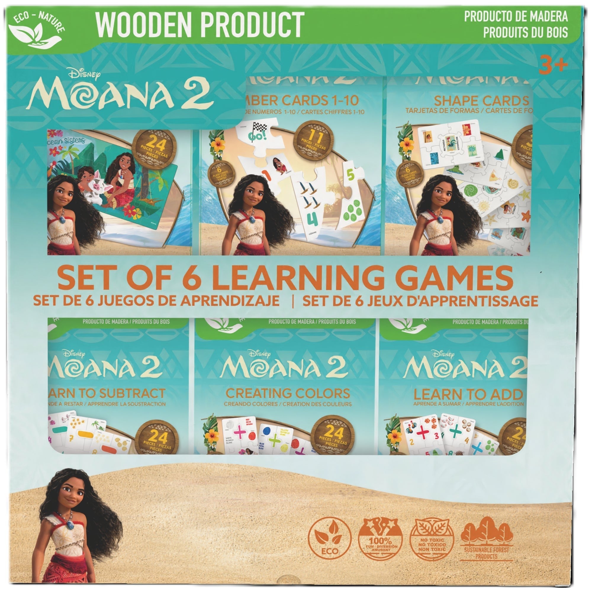Disney Moana 2 Bilingual Learning Games 6-In-1 Wooden Flash Cards Set