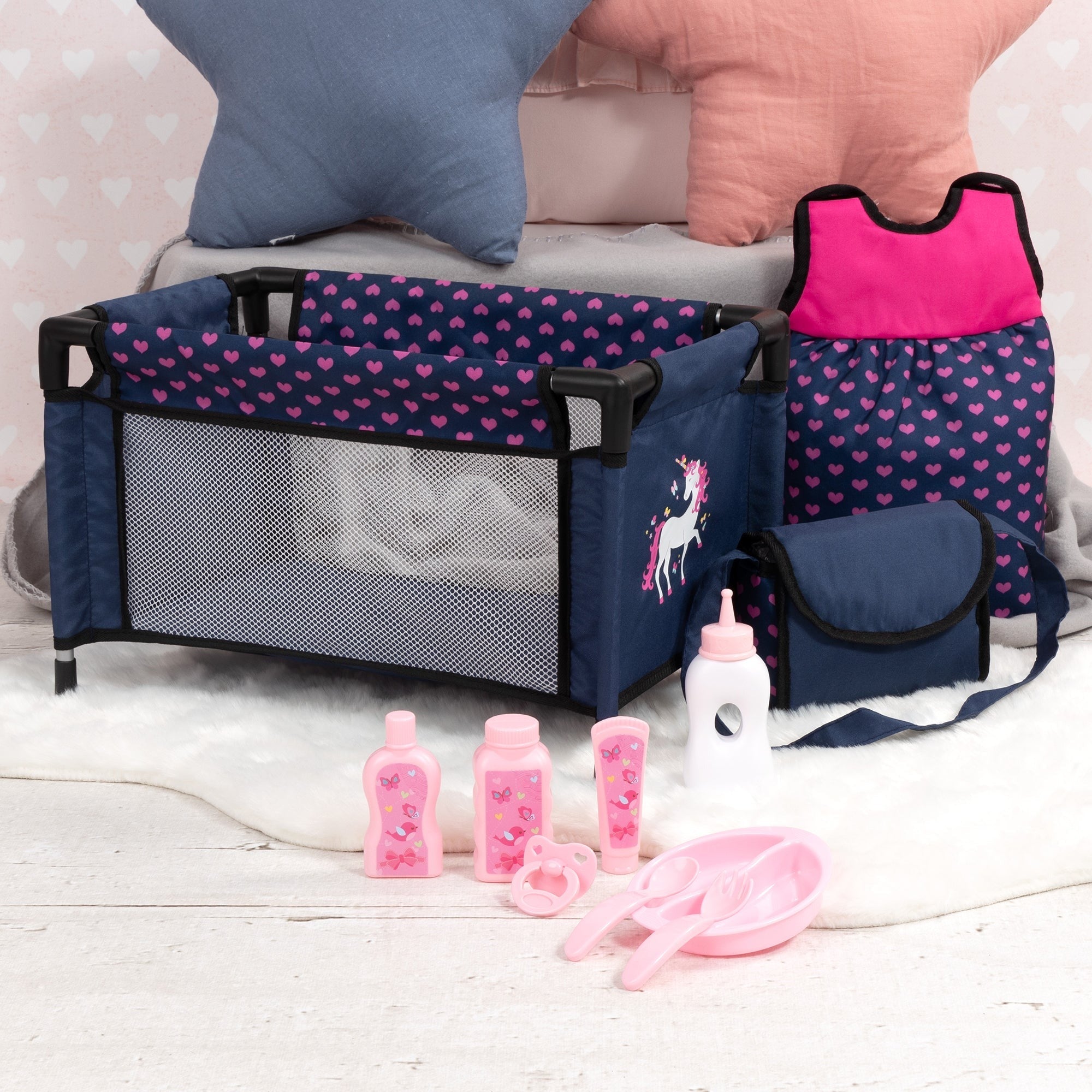 Bayer Design Doll Travel Set with Navy-Pink-Unicorn Theme