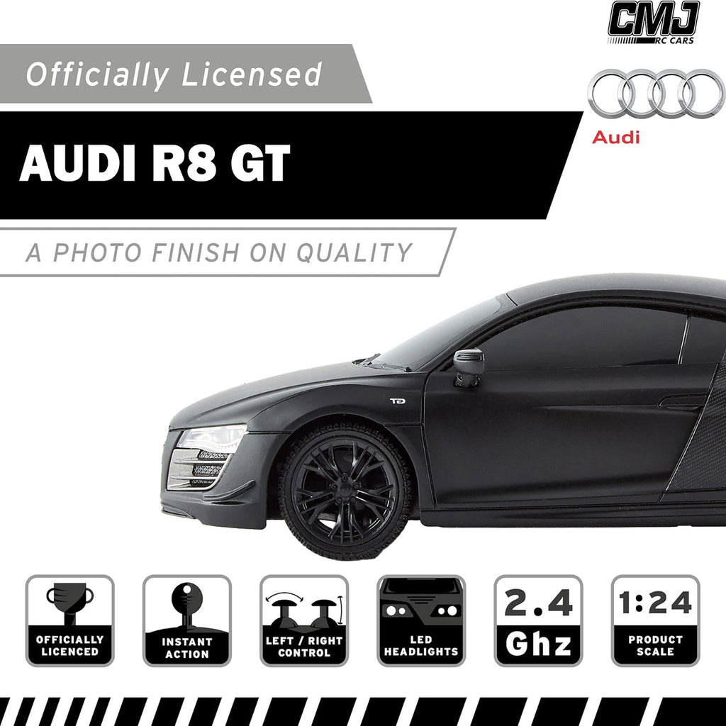 CMJ RC Cars Audi R8 GT - Black - 1:24 Scale Remote Control Car with LED Headlights and 2.4GHz Racing Frequency