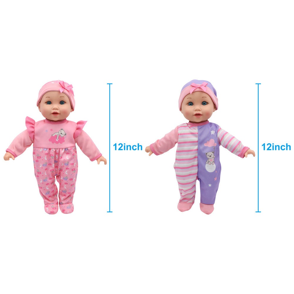 Little Darlings 12" - Twin Dolls Bedtime Fun Set 29pc - Pink, Purple, Green - Playset for Kids Ages 2+