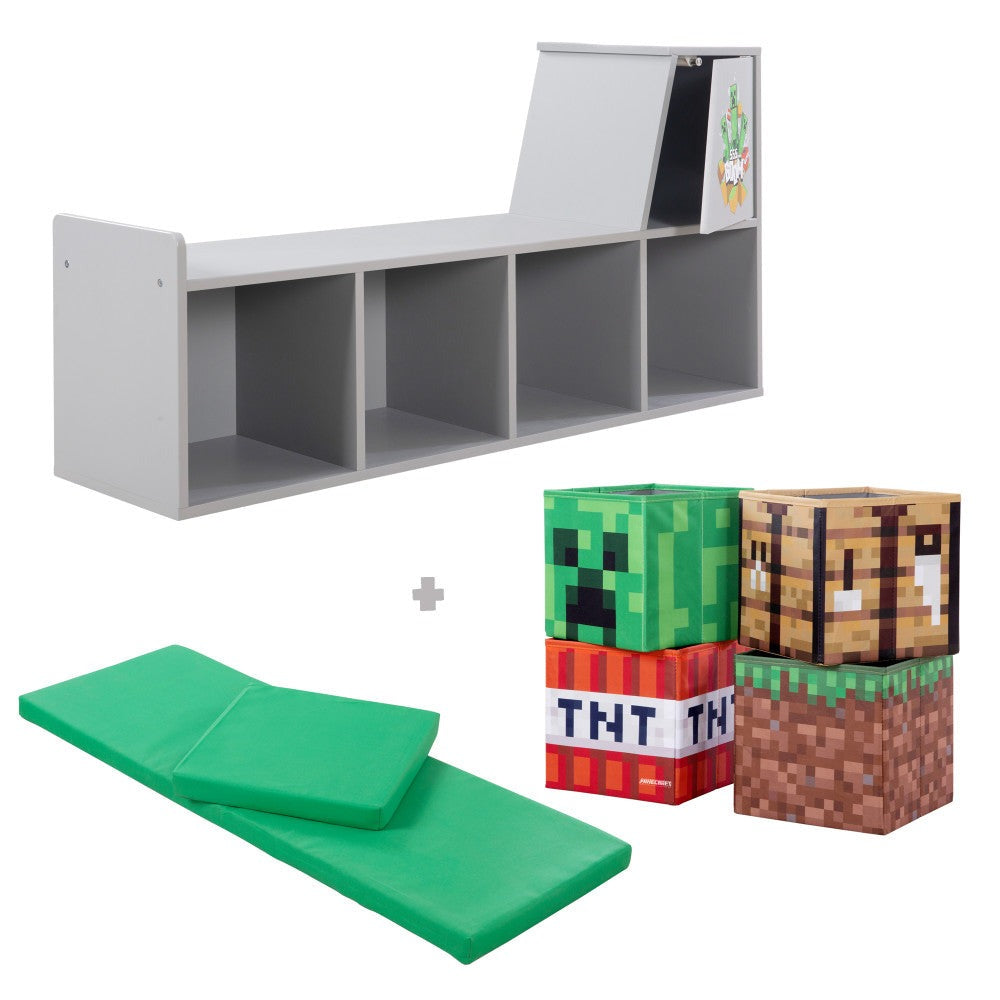 Minecraft Themed Wooden Storage Bench with Cushioned Reading Shelf