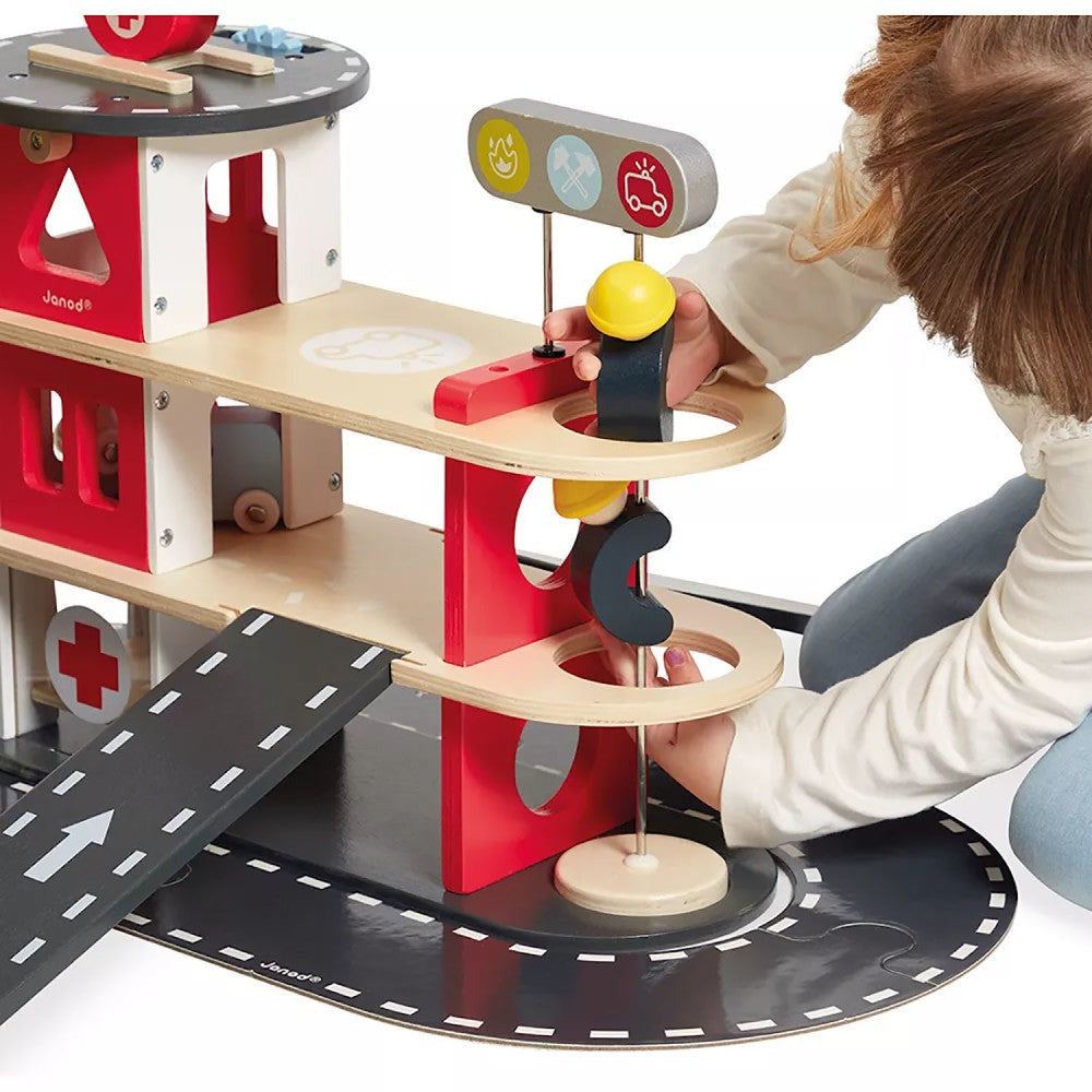 Janod Fire Station Toy Set - Multilevel Playset