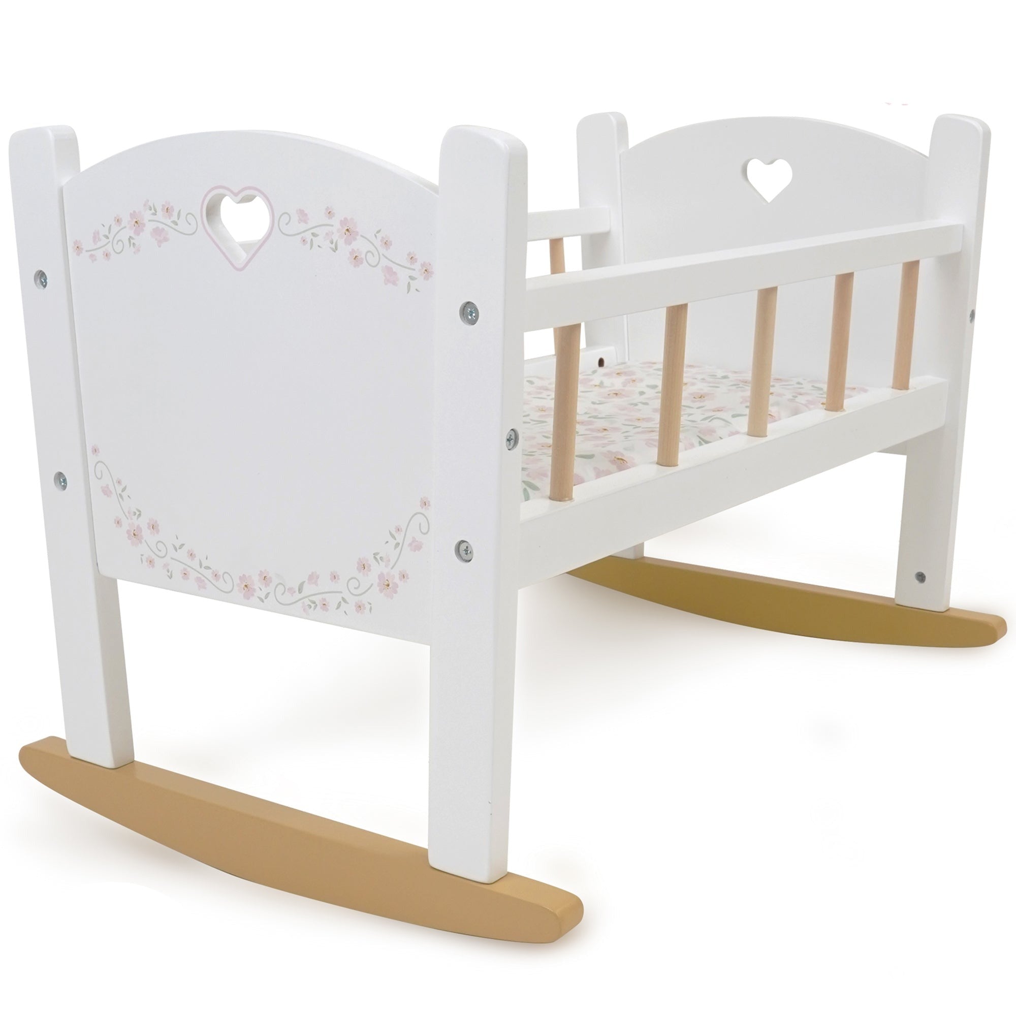 Little Flora Wooden Doll Cradle With Mattress And Pillow - Floral Nursery Roleplay Set