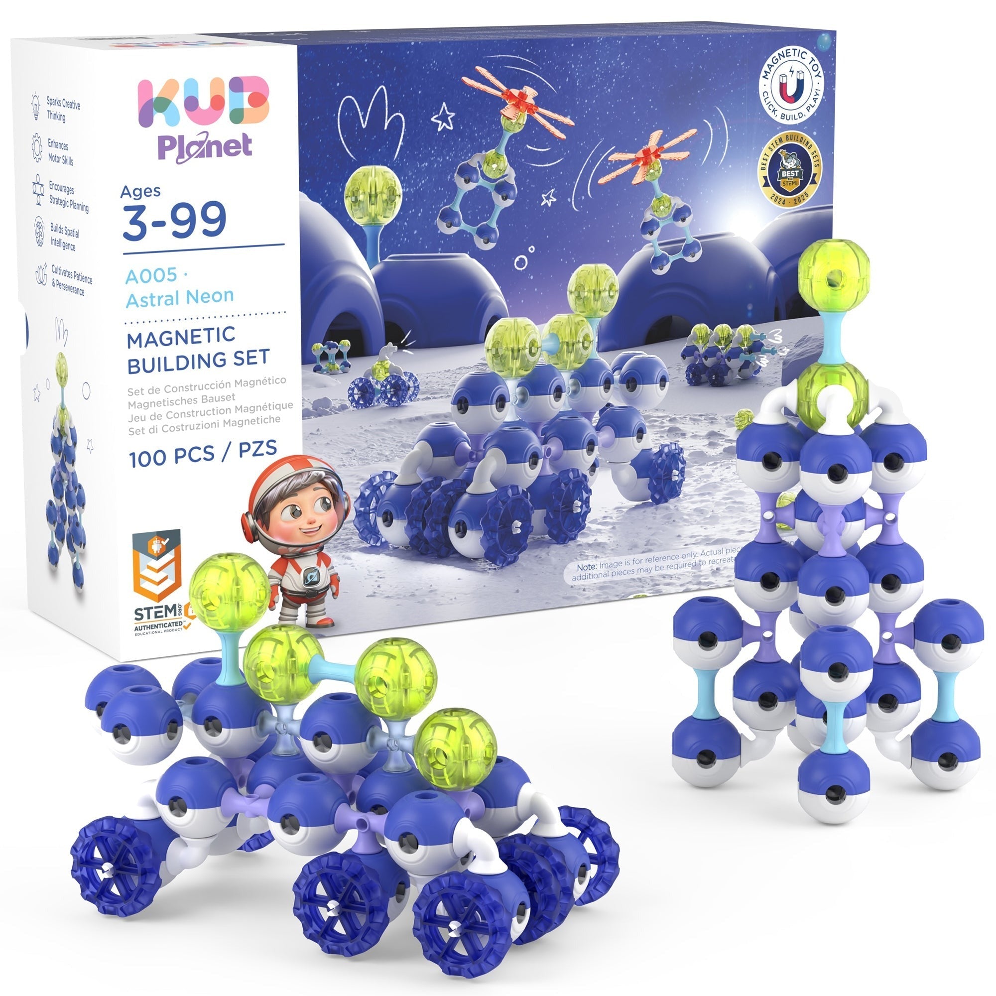 KUB Planet Astral Neon Magnetic Building Set 100-Piece STEM Construction Blocks