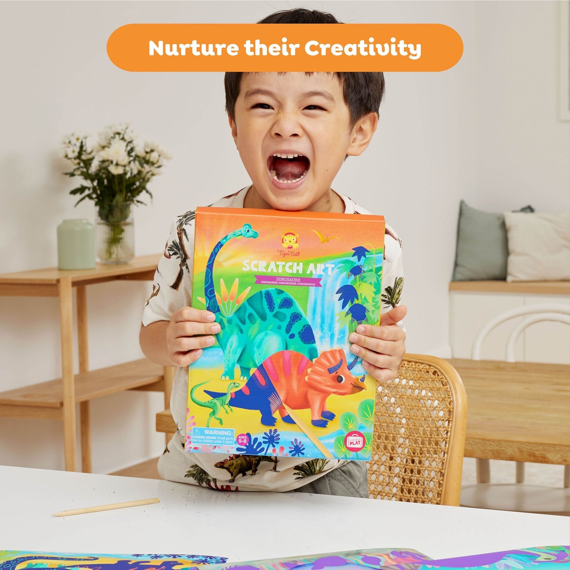 Tiger Tribe Dinosaur Scratch Art Kit - 8 Colorful Illustrations, Wooden Tools, Ages 5+