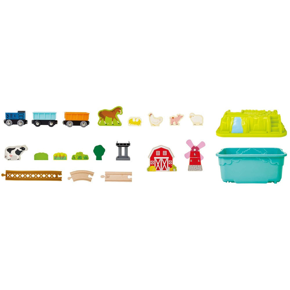 Hape Farmyard Train Bucket Set - Wooden Train and Animal Adventure Playset