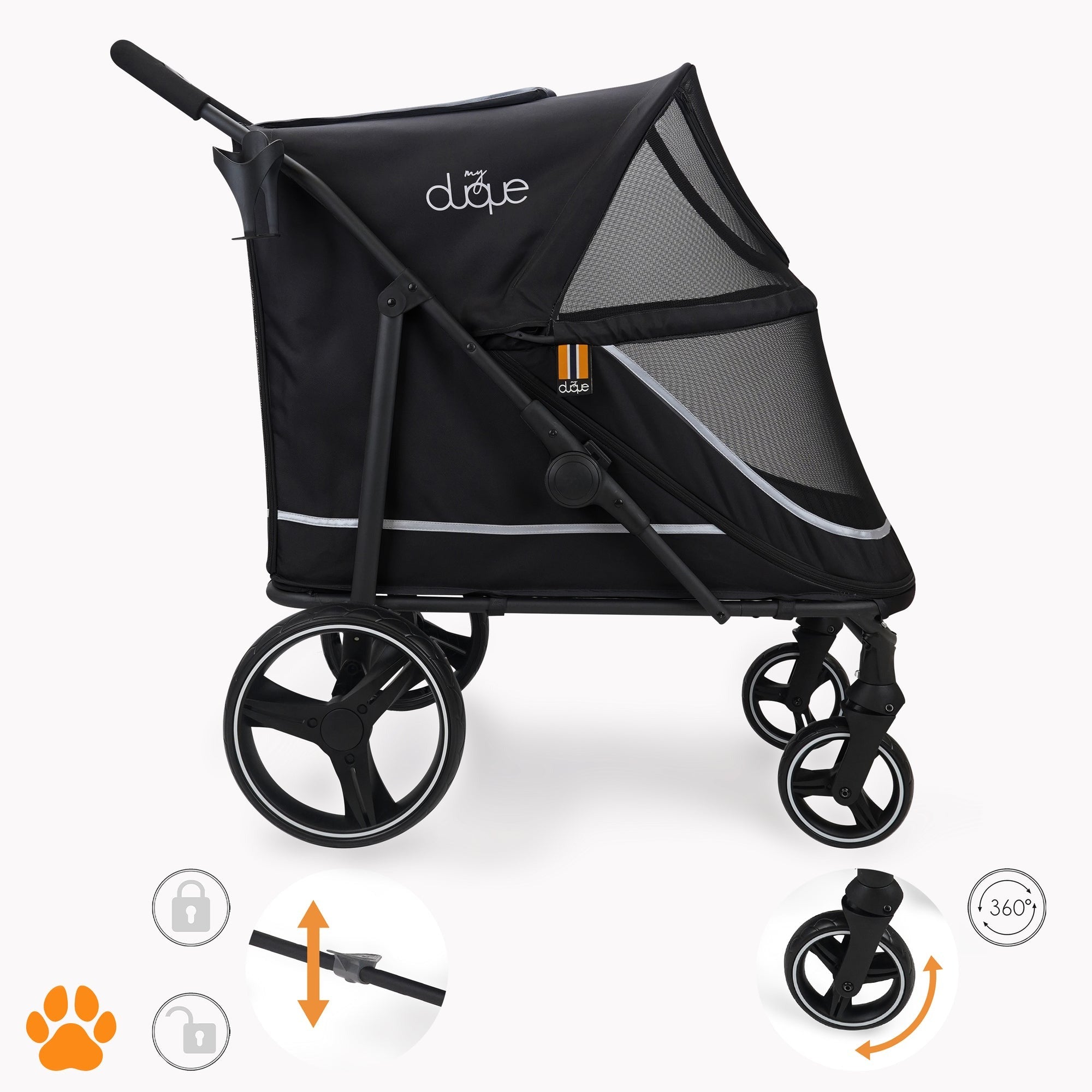 My Duque CHAMP Big Pet Stroller With Raincover - Dogs Up to 110 Lbs - Black