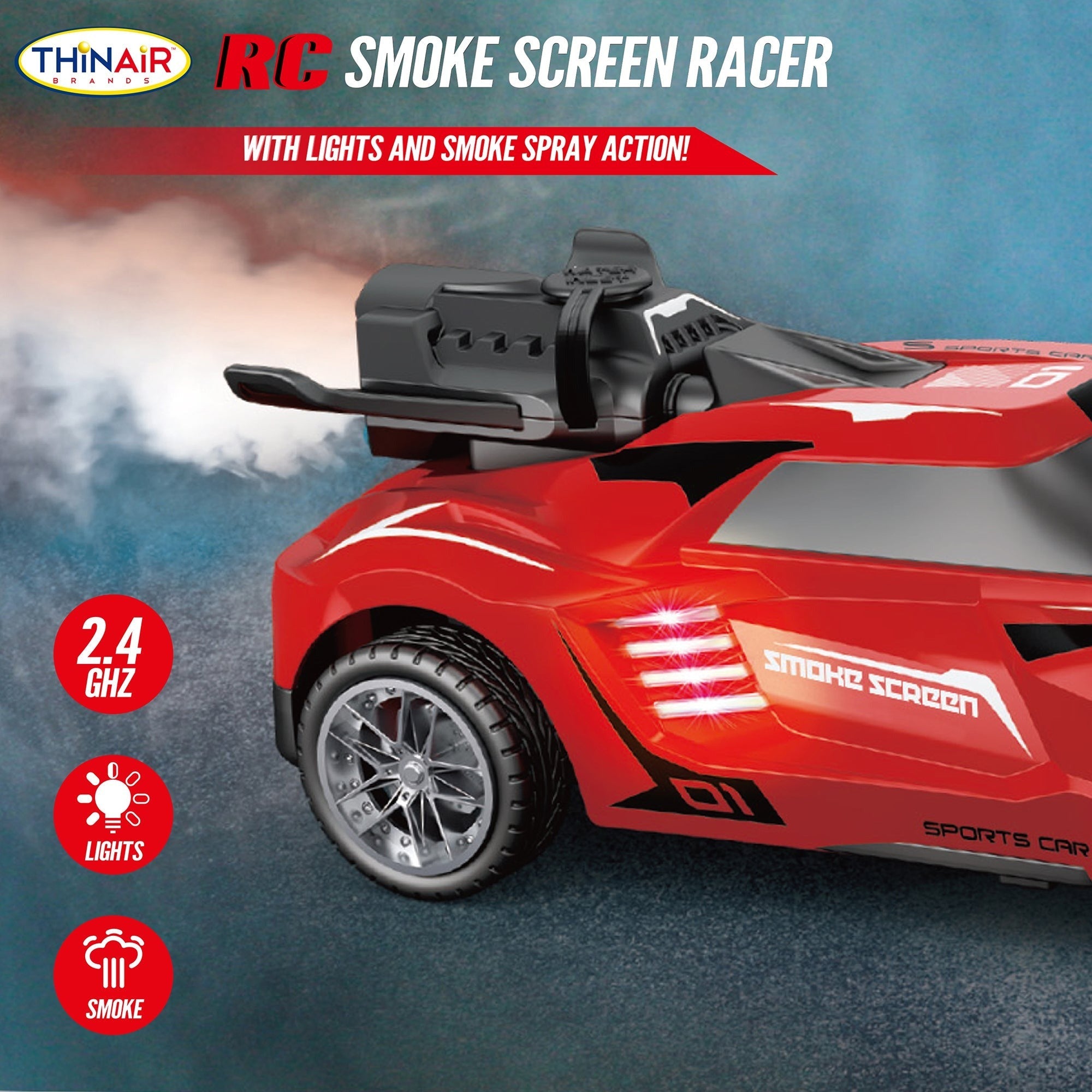 Thin Air Brands Hyper Drive RC Smoke Screen Racer - Red Light-Up Car with Vapor Mist