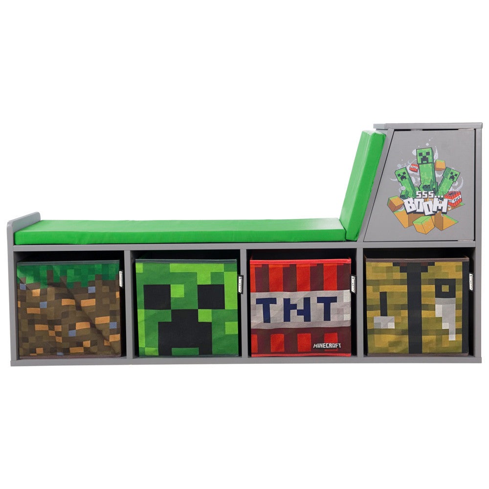 Minecraft Themed Wooden Storage Bench with Cushioned Reading Shelf