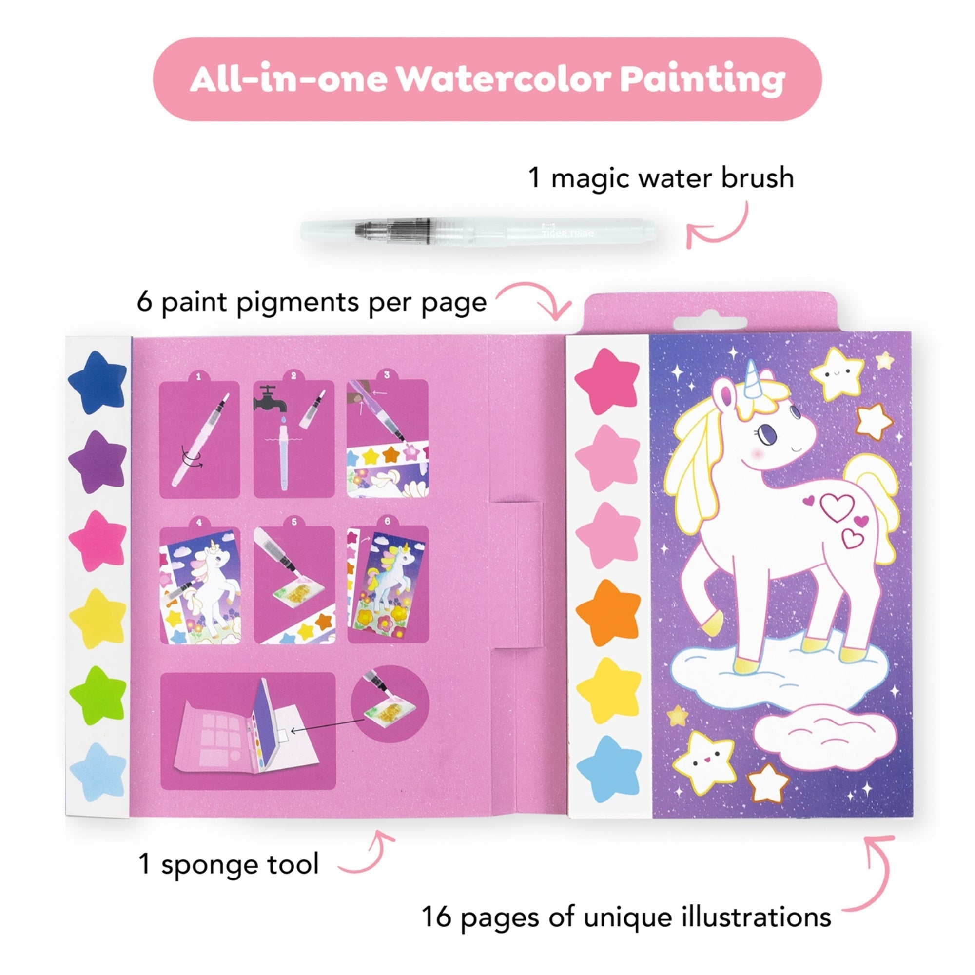 Tiger Tribe Paint-A-Picture Unicorn Skies Mess-Free Watercolor Art Set With 16 Pages