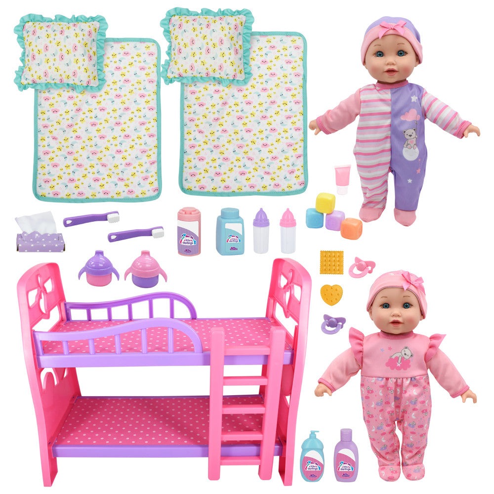 Little Darlings 12" - Twin Dolls Bedtime Fun Set 29pc - Pink, Purple, Green - Playset for Kids Ages 2+