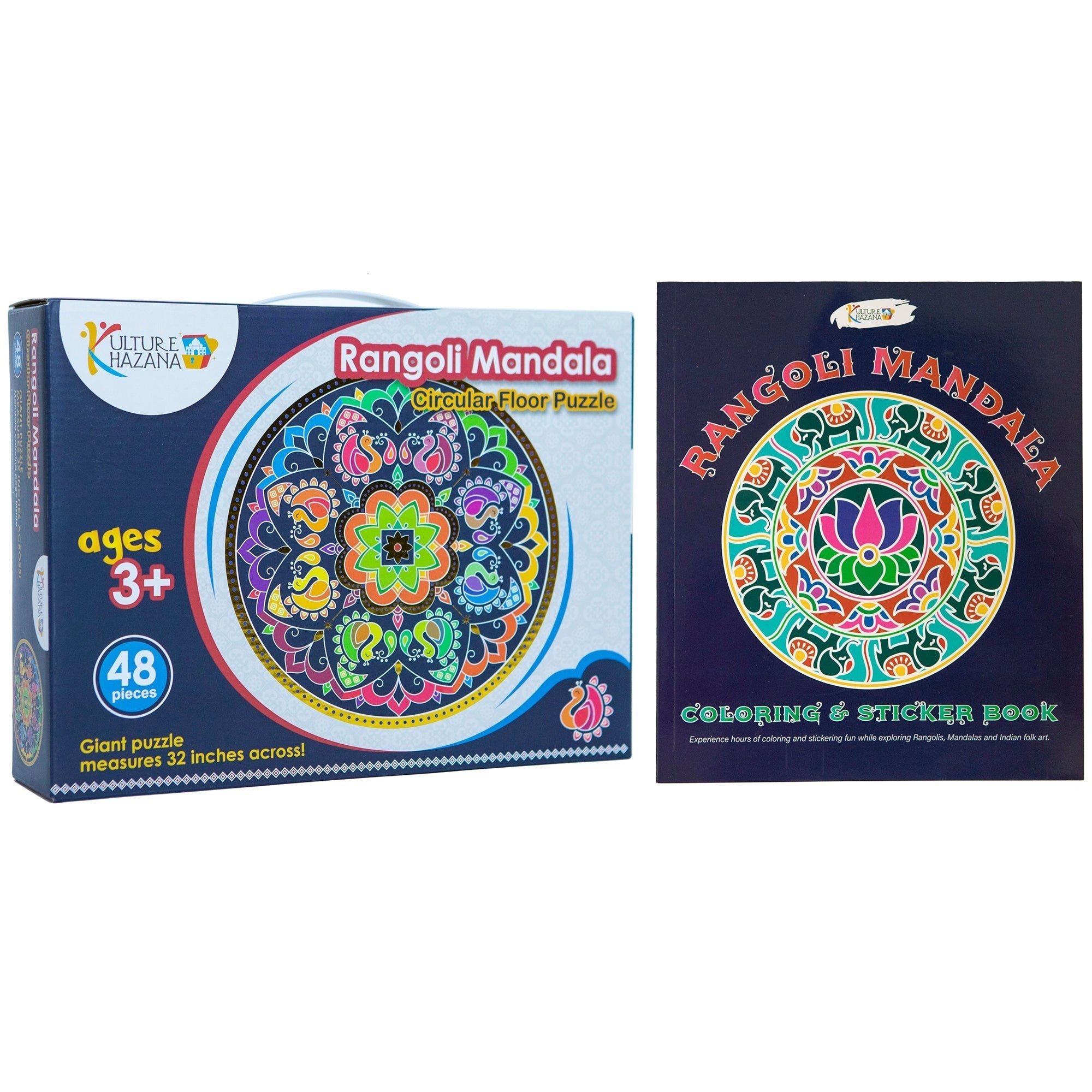 Kulture Khazana Rangoli Mandala 48-Piece Circular Floor Puzzle & Coloring Sticker Book Bundle