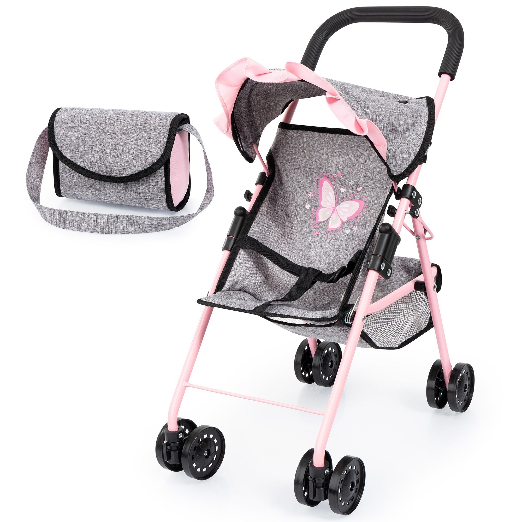Bayer Design Doll Buggy - Play Stroller, Grey with Pink Butterfly Motif