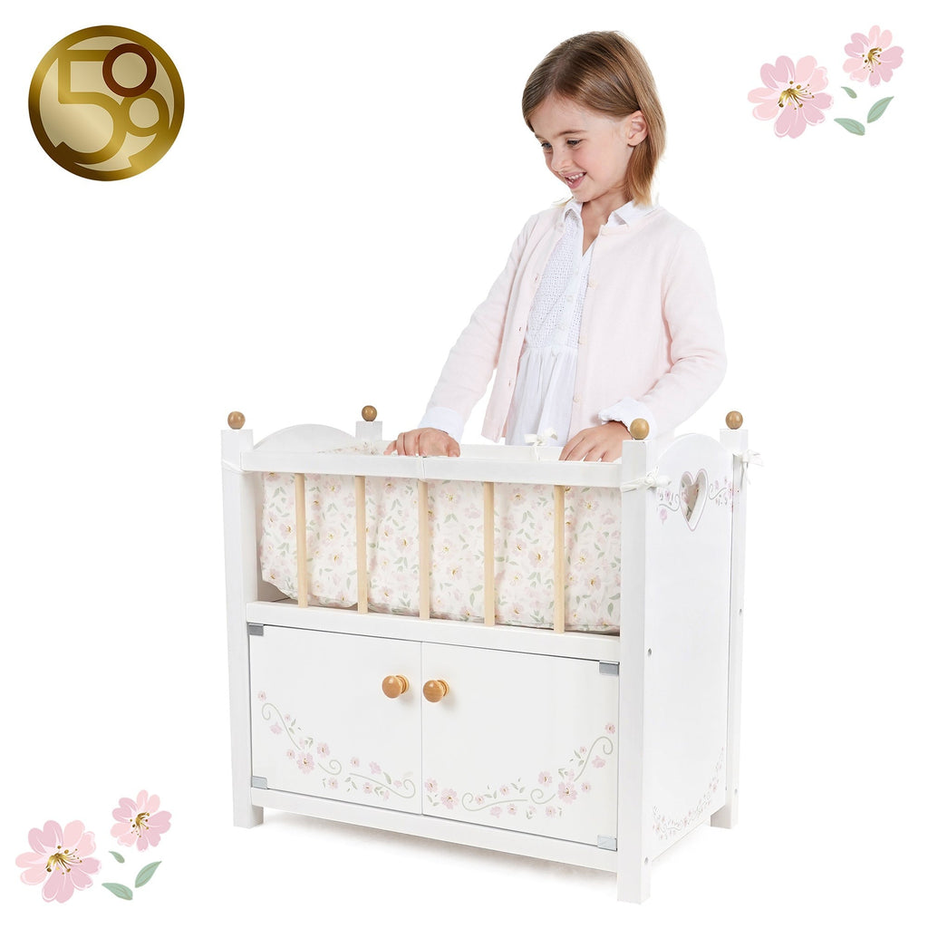 509 Crew: Little Flora 2-In-1 Wooden Doll Cabinet Bed, Pretend Play Cot & Storage Set