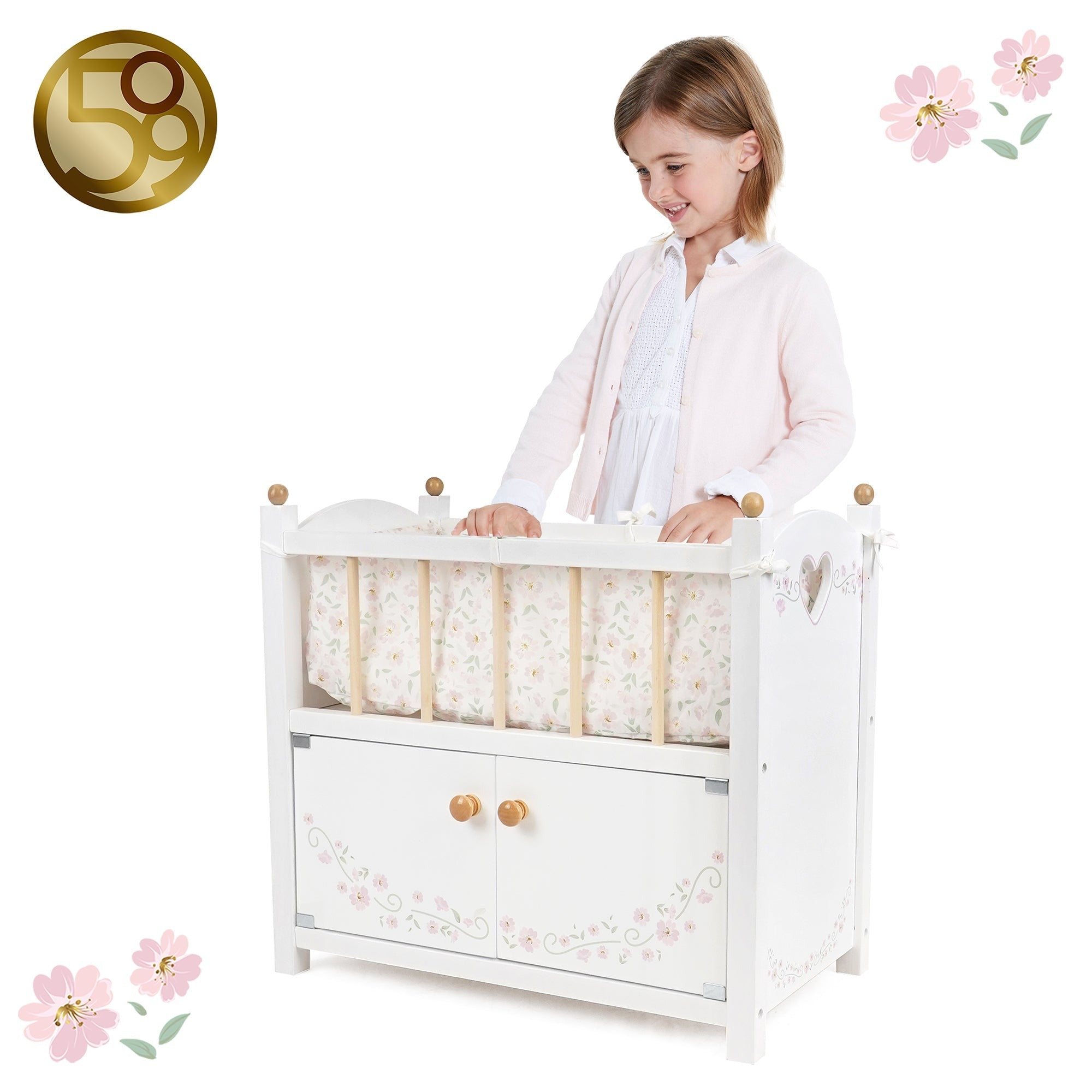509 Crew: Little Flora 2-In-1 Wooden Doll Cabinet Bed, Pretend Play Cot & Storage Set