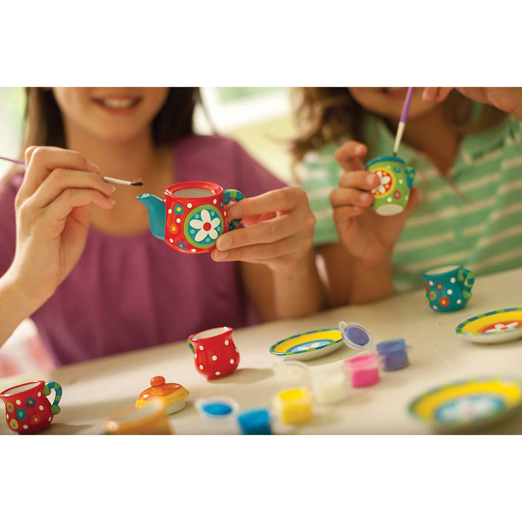 KidzMaker Paint Your Own Mini Tea Set 13-Piece Porcelain Craft Kit